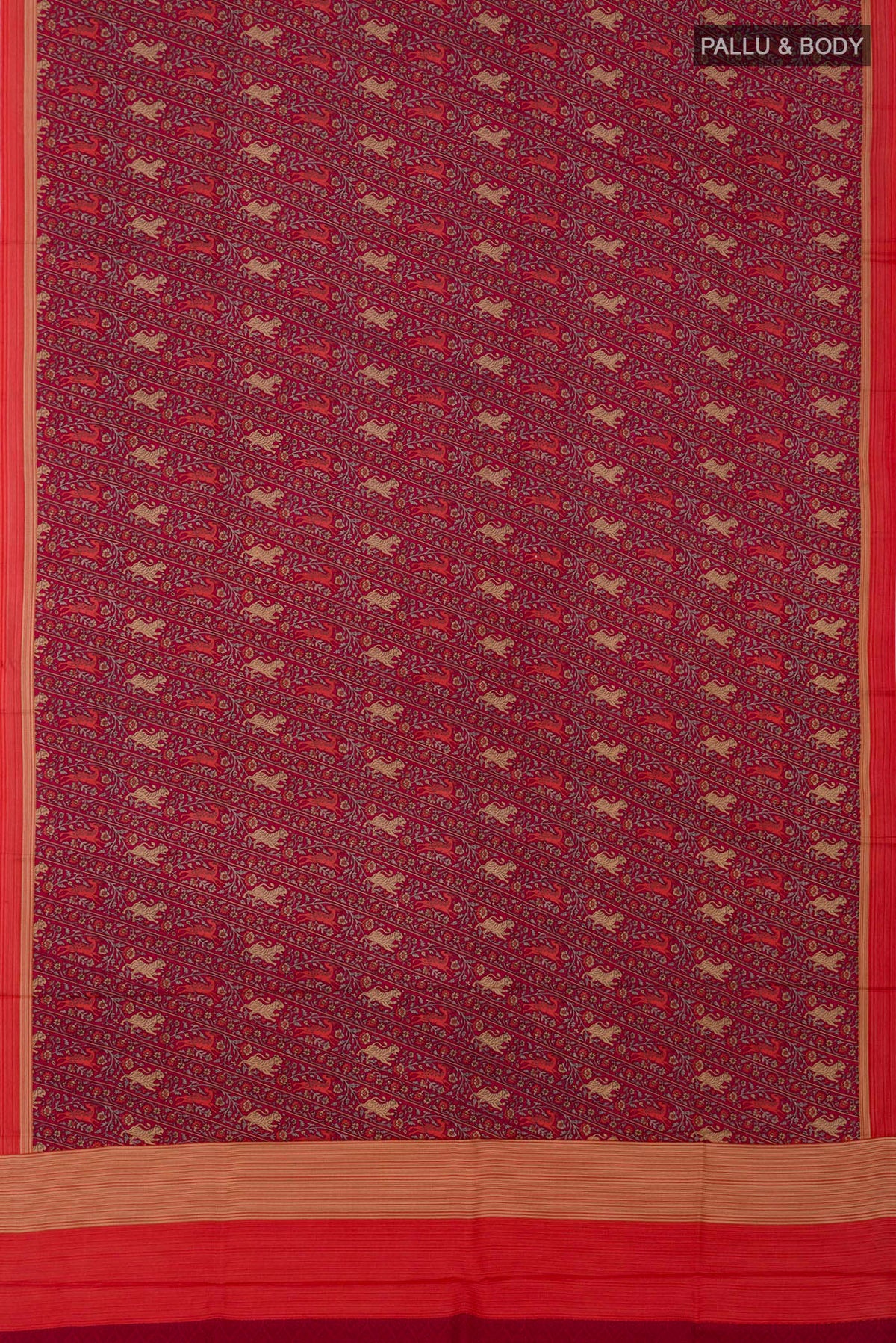 Flat view of Red Printed Silk Saree with Printed design on the body and Plain Border. 