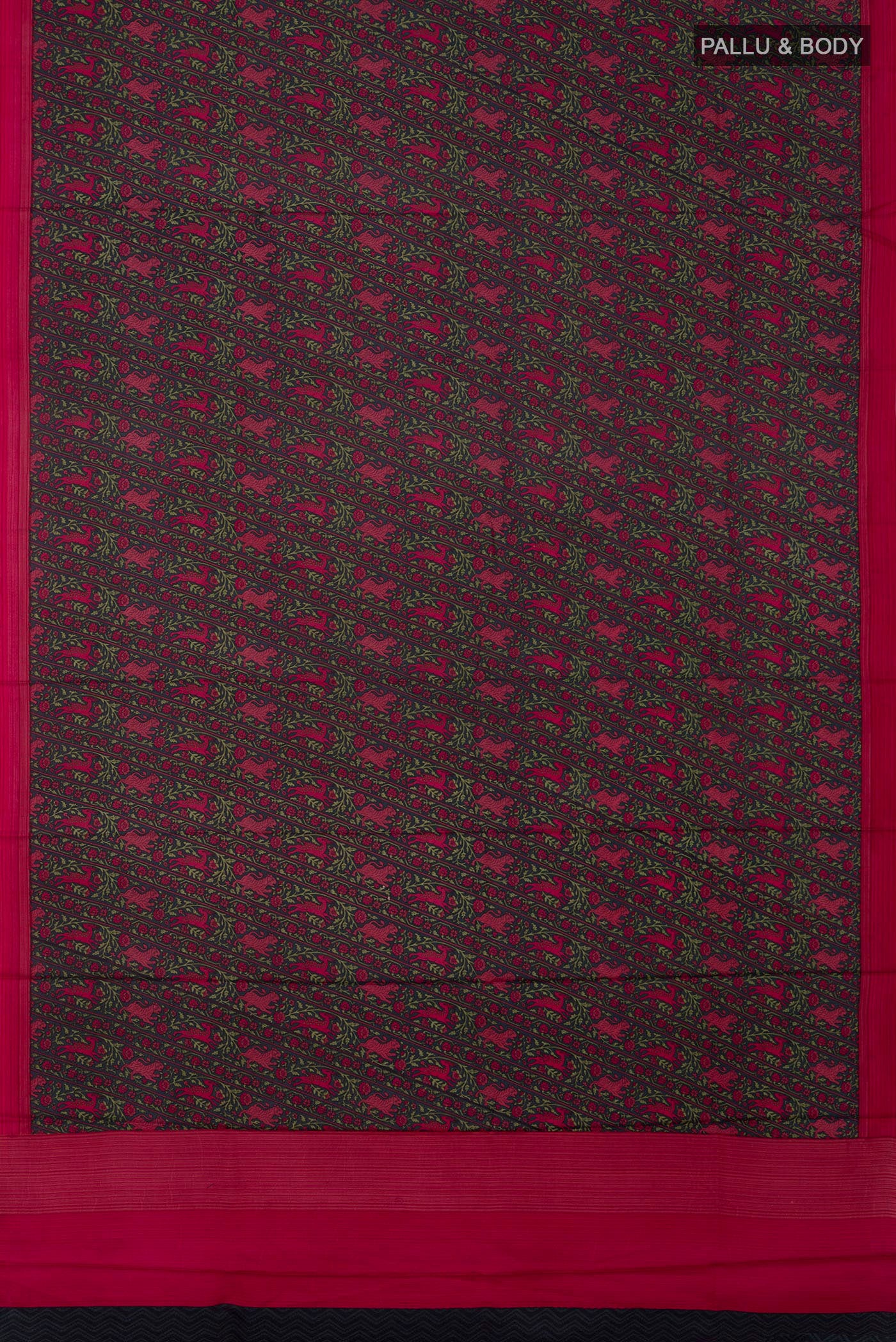 Flat view of Black Printed Silk Saree with Printed design on the body and Plain Border. 