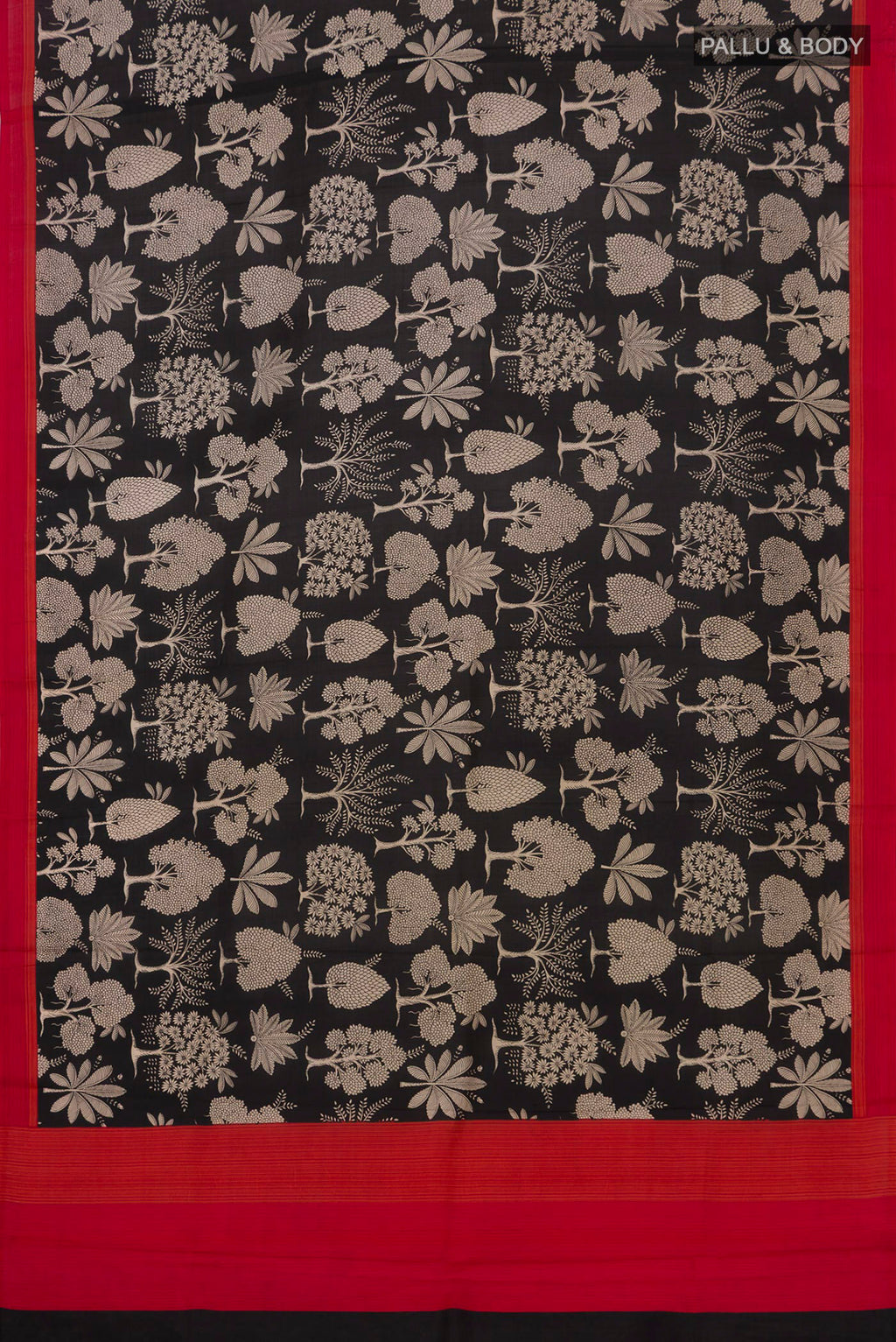 Flat view of Black Printed Silk Saree with Printed design on the body and Plain Border. 