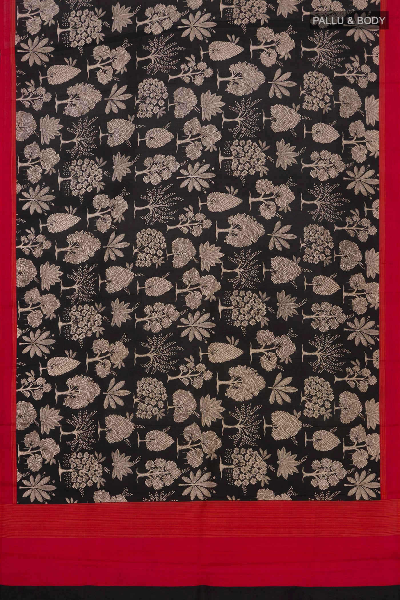 Flat view of Black Printed Silk Saree with Printed design on the body and Plain Border. 