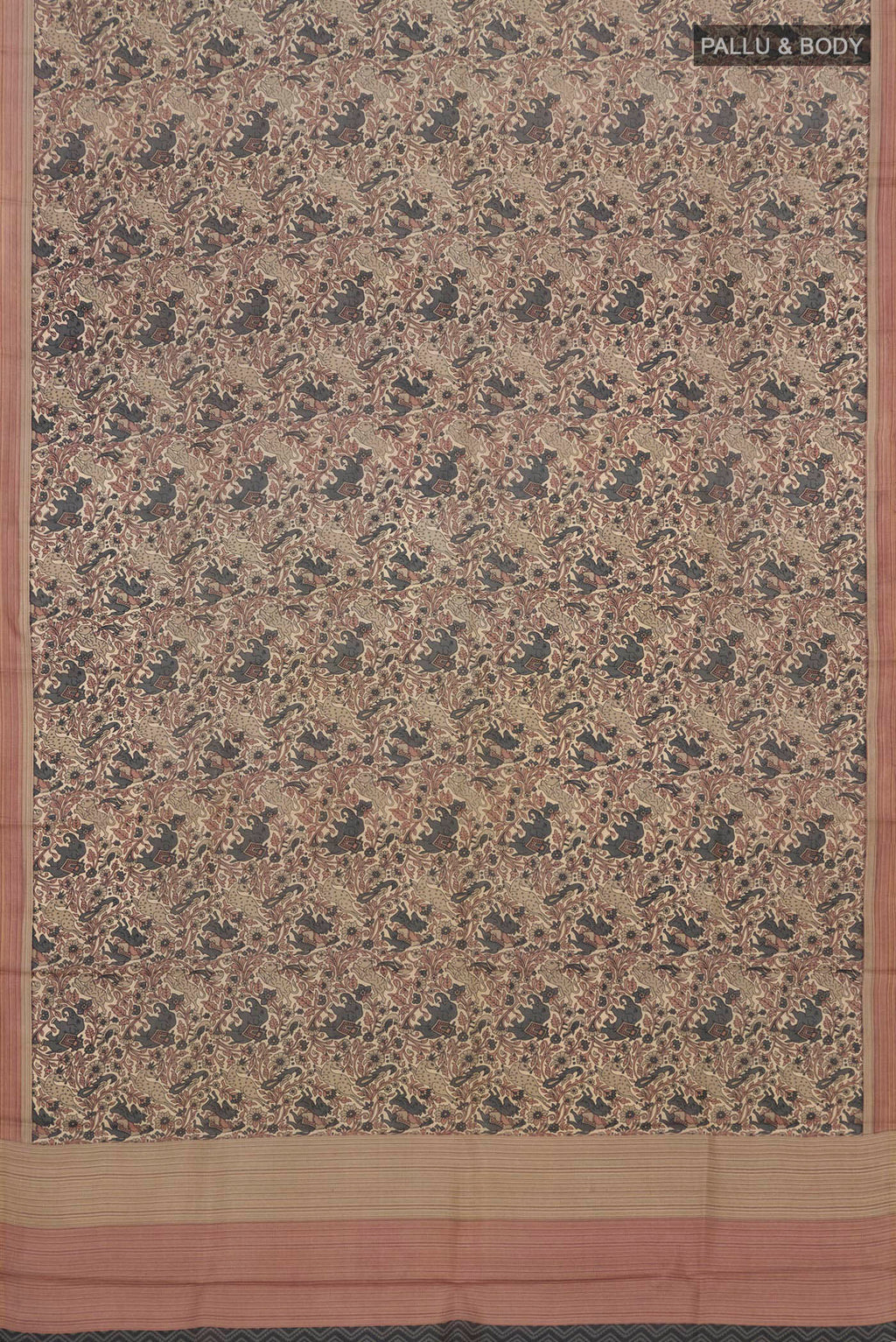 Flat view of Cream Printed Silk Saree with Printed design on the body and Plain Border. 