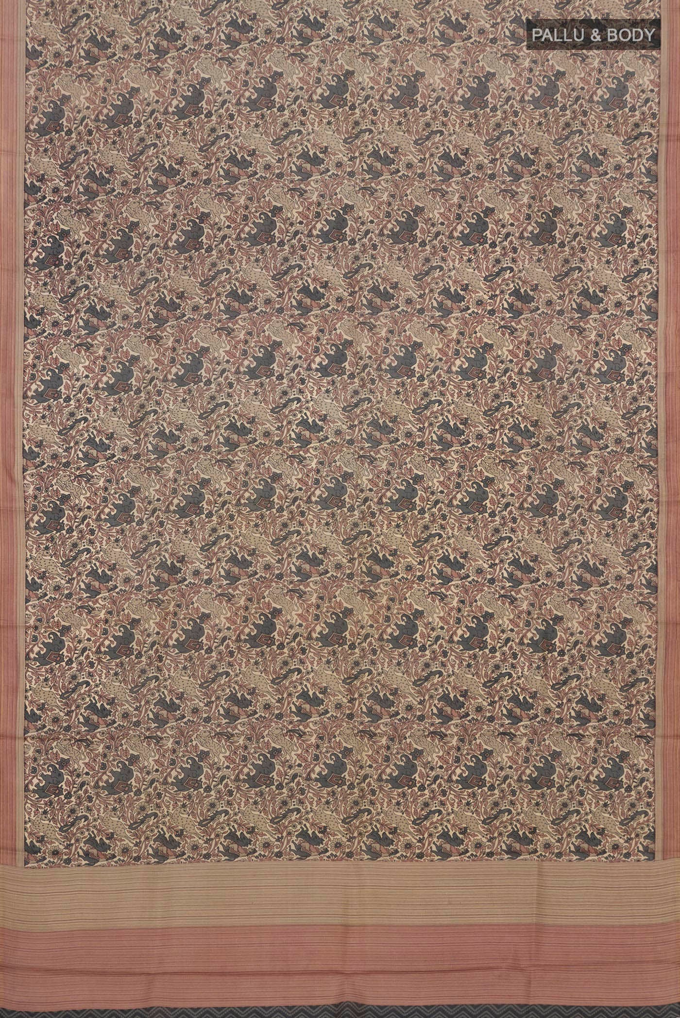 Flat view of Cream Printed Silk Saree with Printed design on the body and Plain Border. 