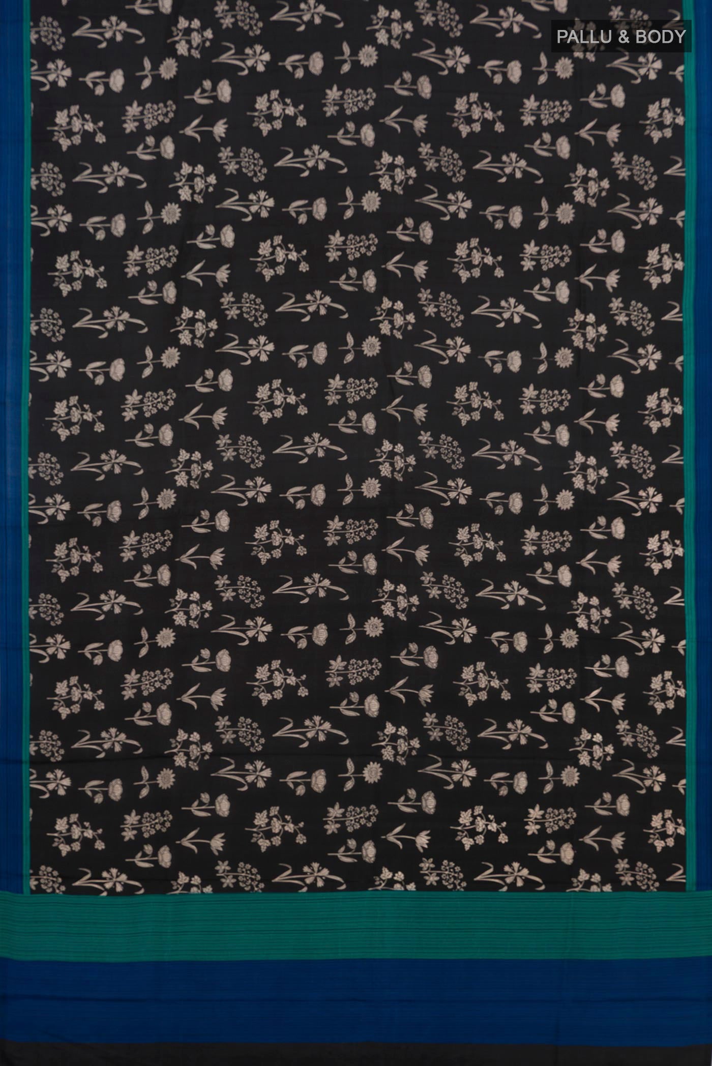 Flat view of Black Printed Silk Saree with Printed design on the body and Plain Border. 