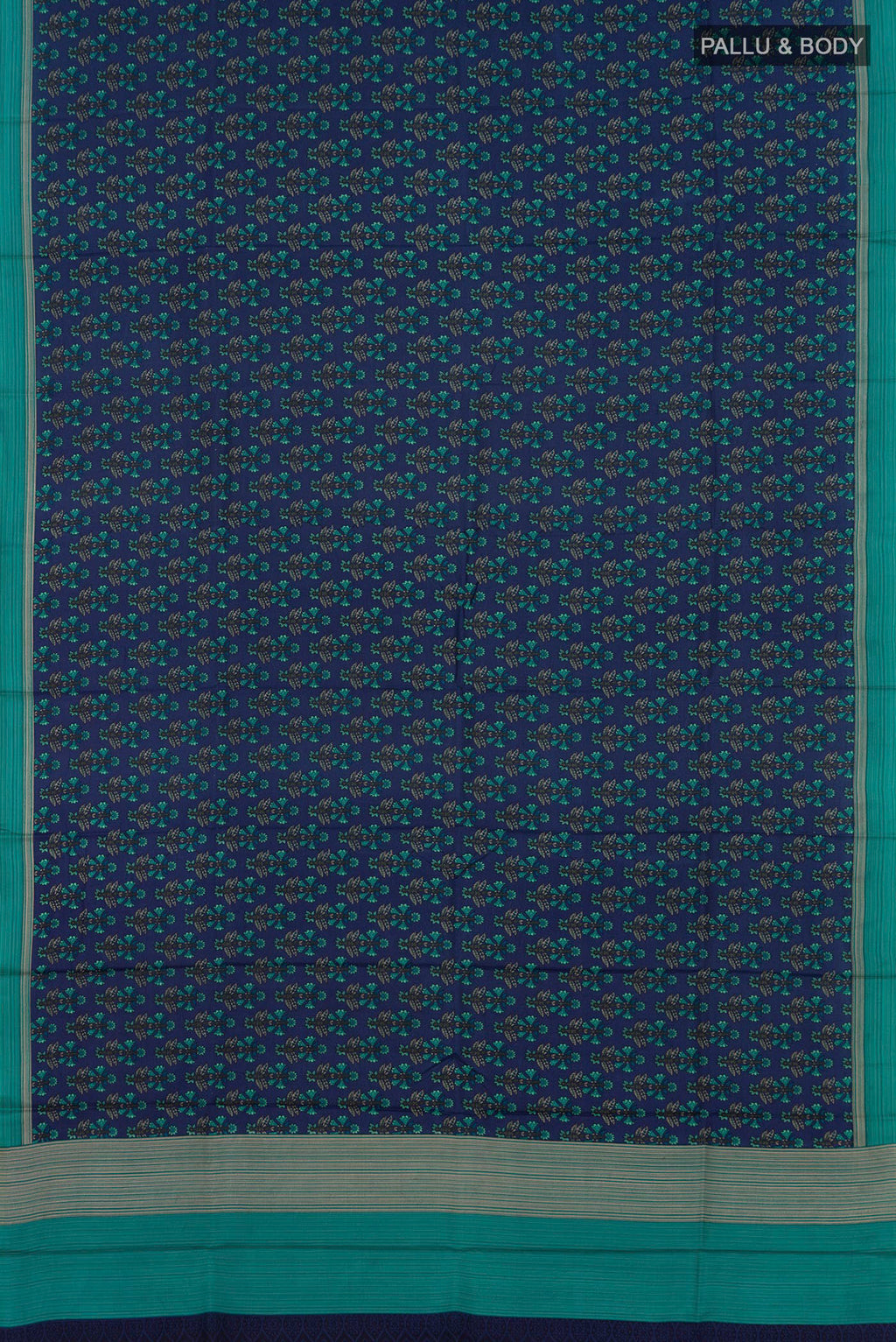 Flat view of Blue Printed Silk Saree with Printed design on the body and Plain Border. 