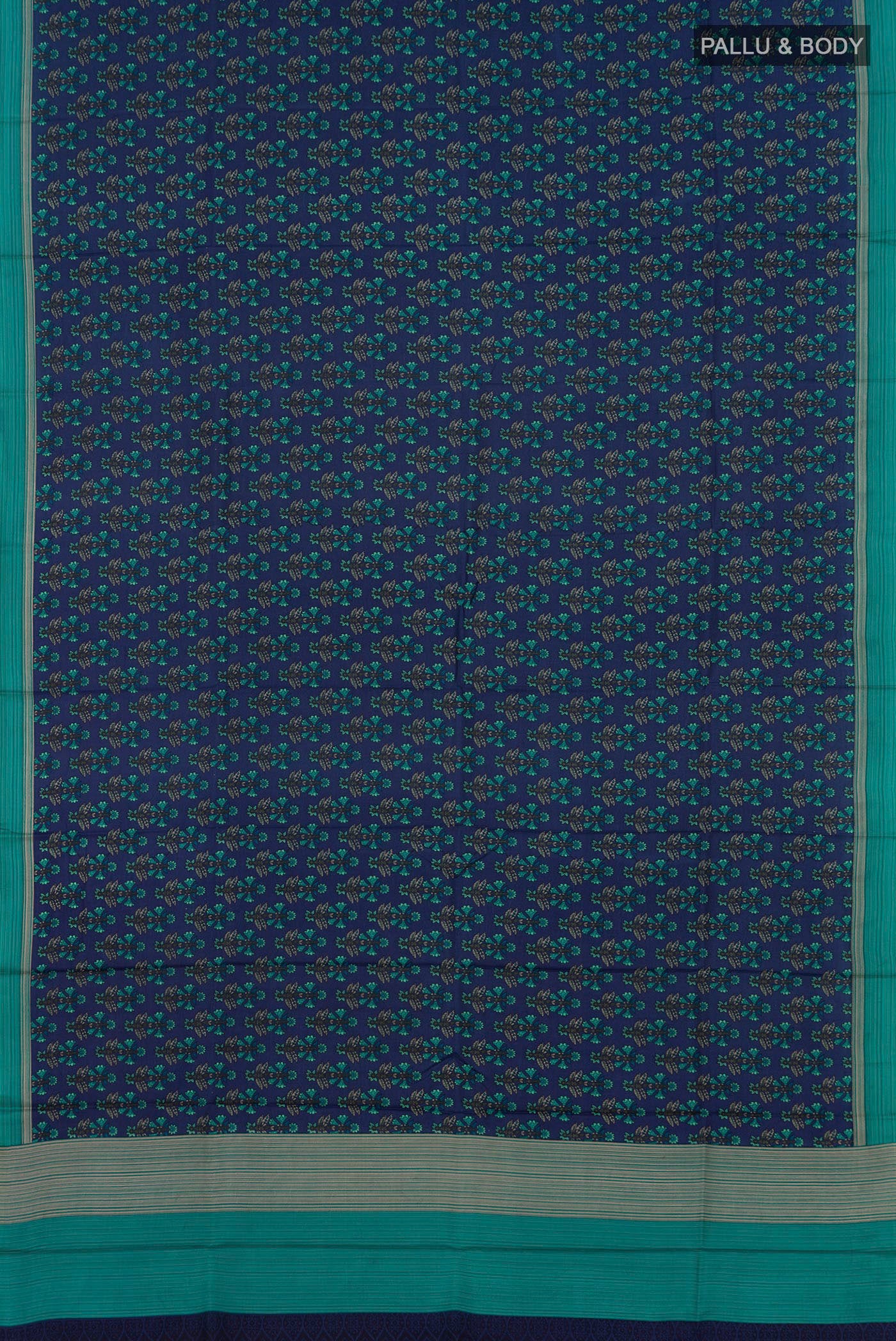 Flat view of Blue Printed Silk Saree with Printed design on the body and Plain Border. 