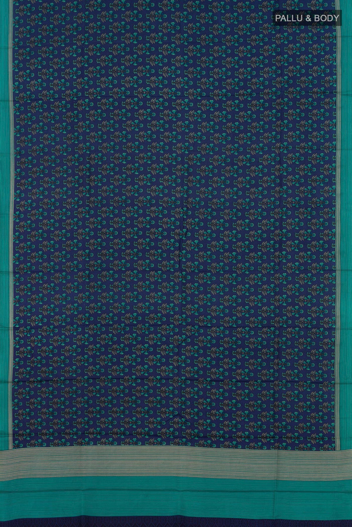 Flat view of Blue Printed Silk Saree with Printed design on the body and Plain Border. 