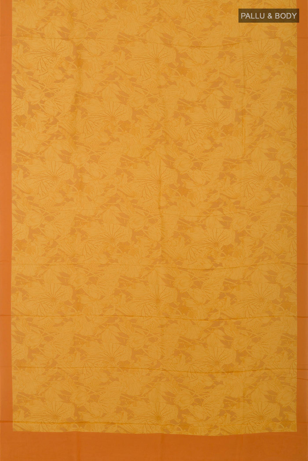 Flat view of Yellow Printed Silk Saree with Printed design on the body and Plain Border. 