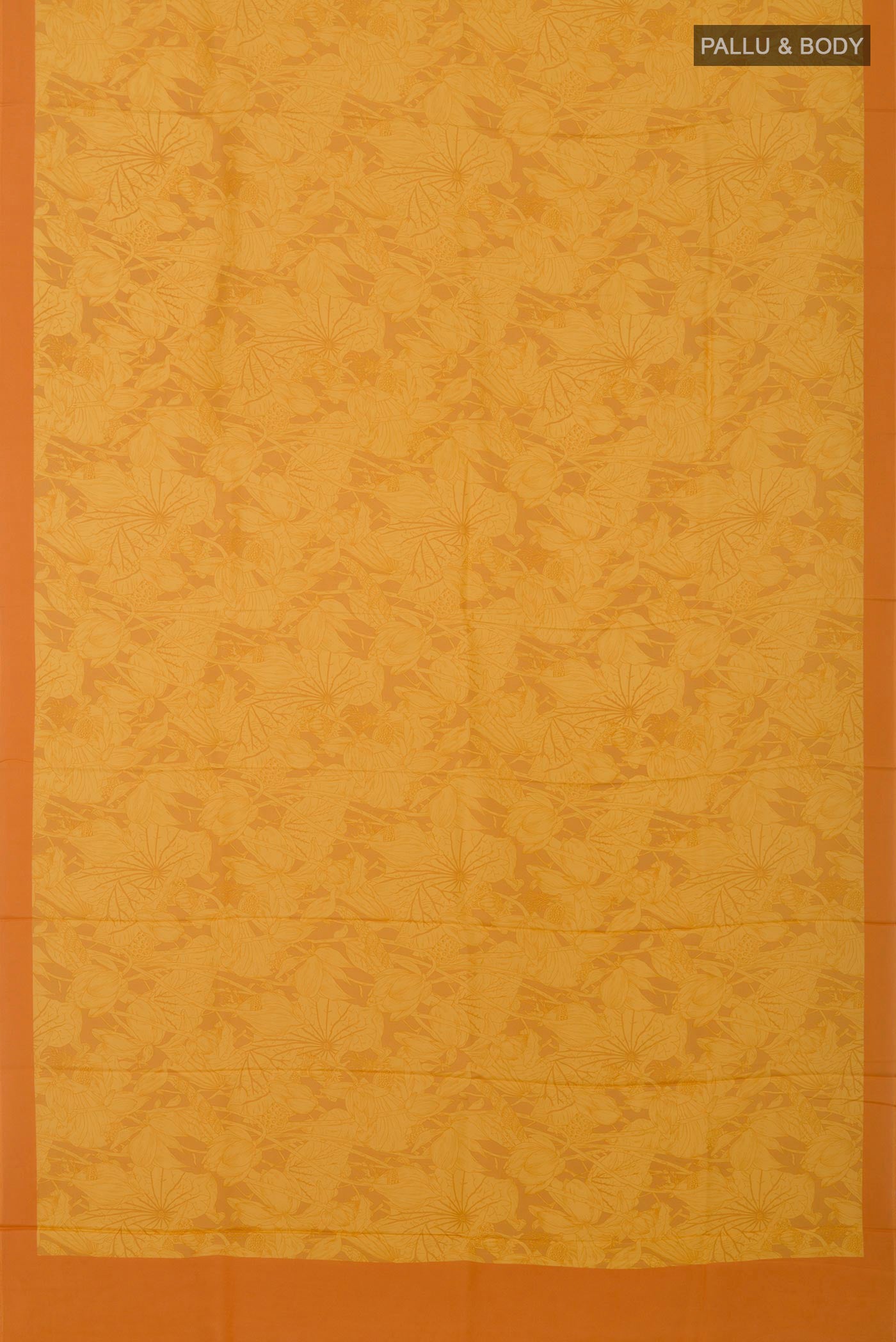 Flat view of Yellow Printed Silk Saree with Printed design on the body and Plain Border. 