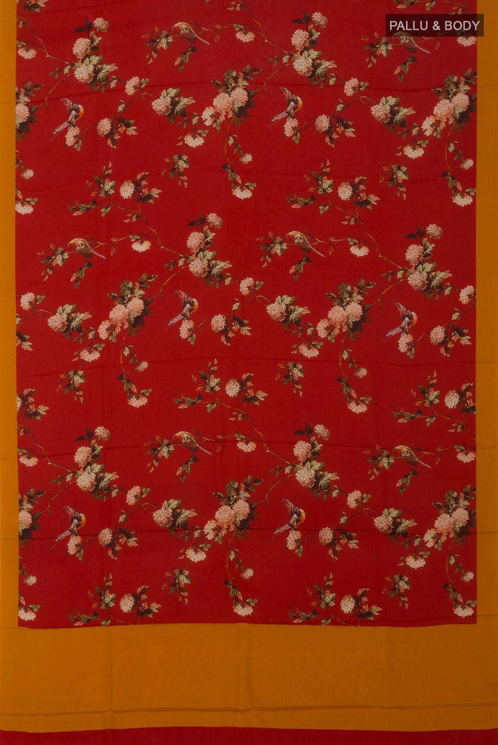 Flat view of Red Printed Silk Saree with Printed design on the body and Plain Border. 