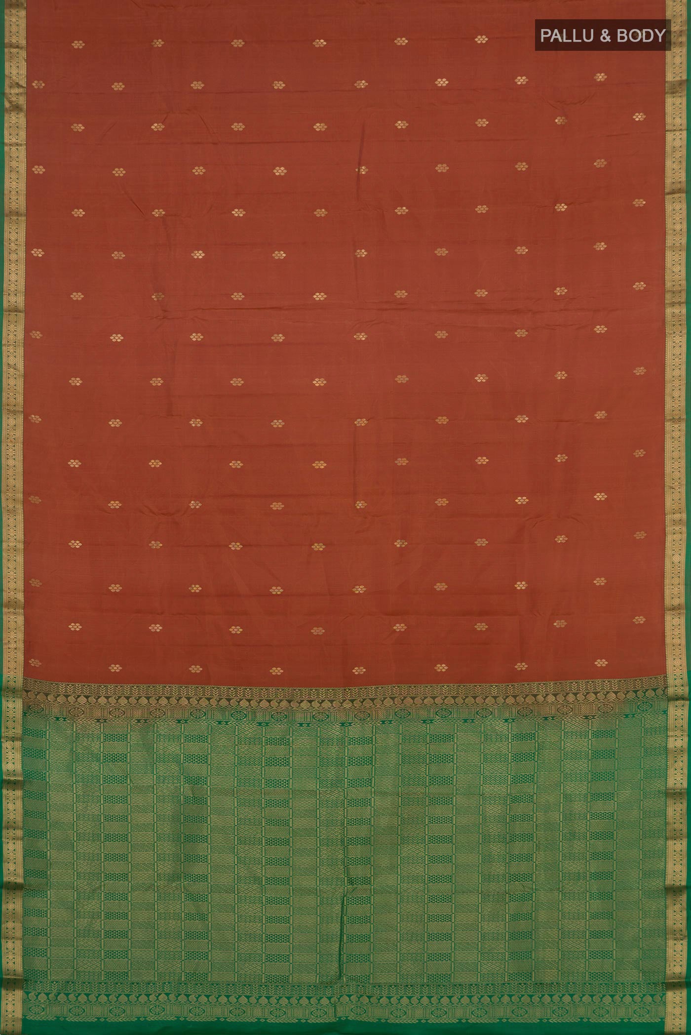 Flat view of Brown Kanjivaram Silk Saree with Zari Butta on the body and Zari Border. 