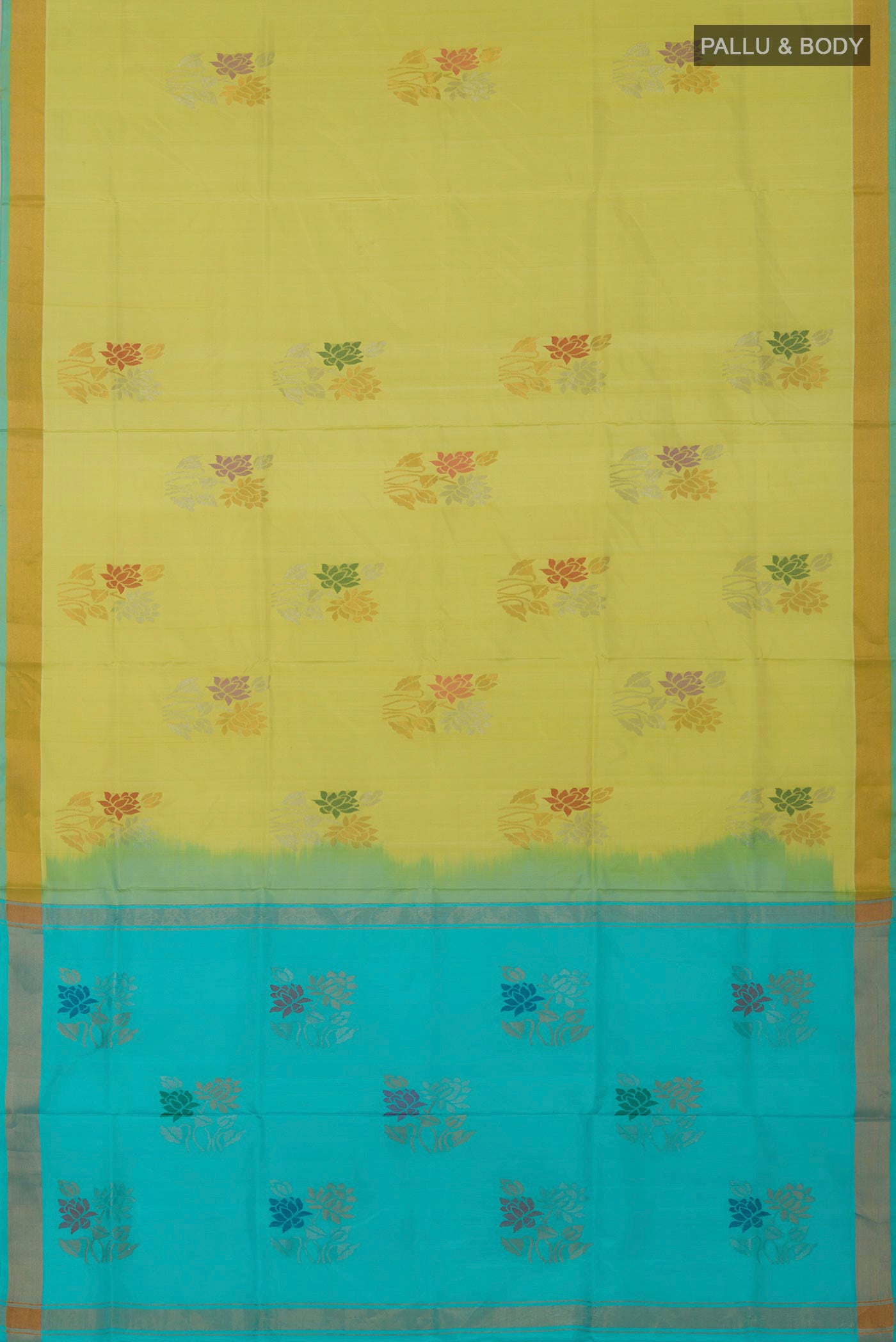 Flat view of Yellow Uppada Silk Saree with Zari Butta on the body and Zari Border. 