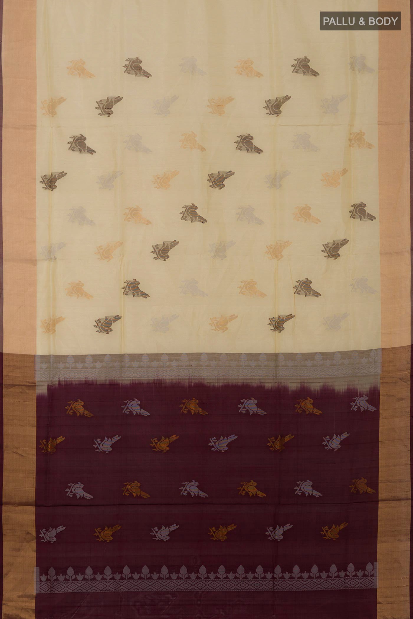 Flat view of Cream Uppada Silk Saree with Zari And Thread Butta on the body and Zari Border. 