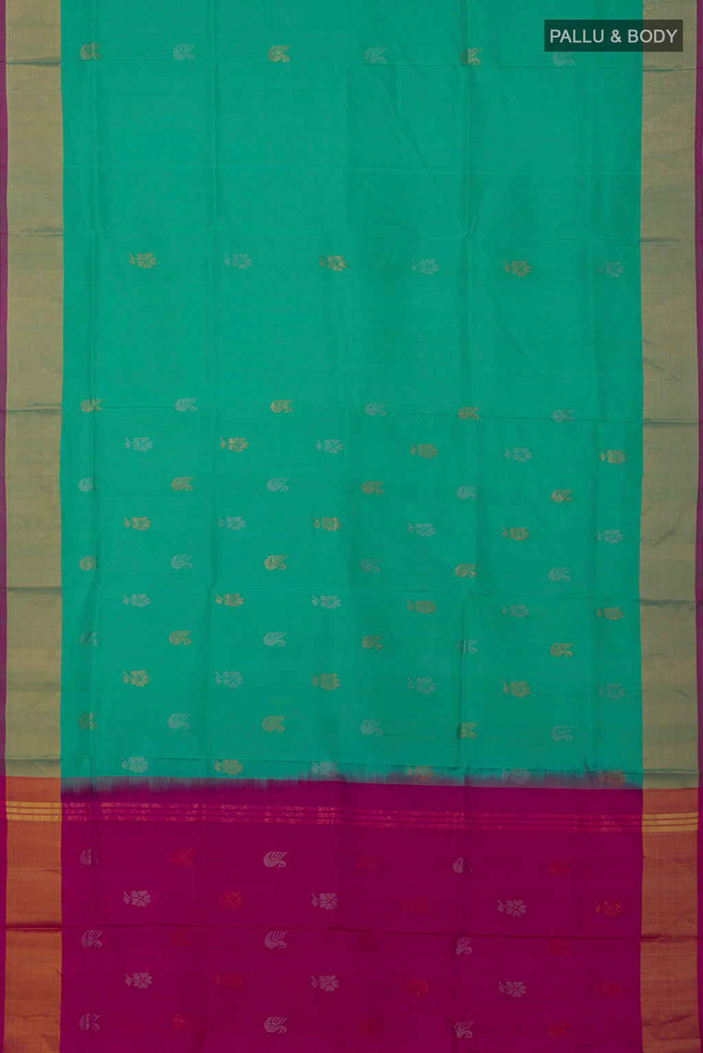 Flat view of Green Uppada Silk Saree with Zari Butta on the body and Zari Border. 