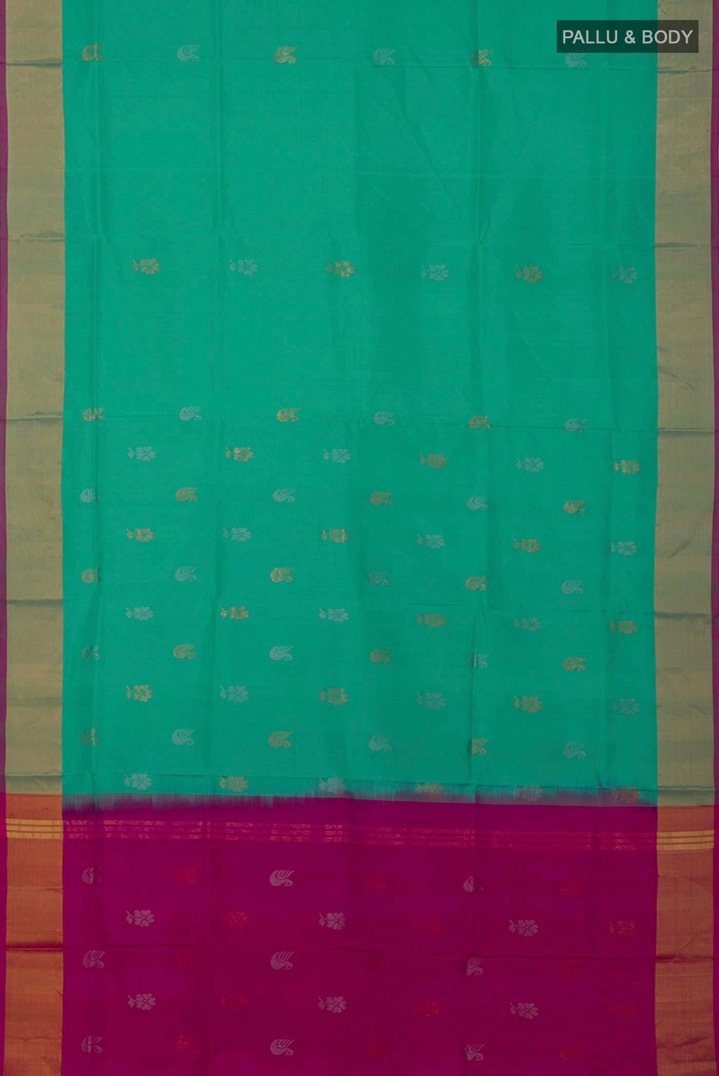 Flat view of Green Uppada Silk Saree with Zari Butta on the body and Zari Border. 