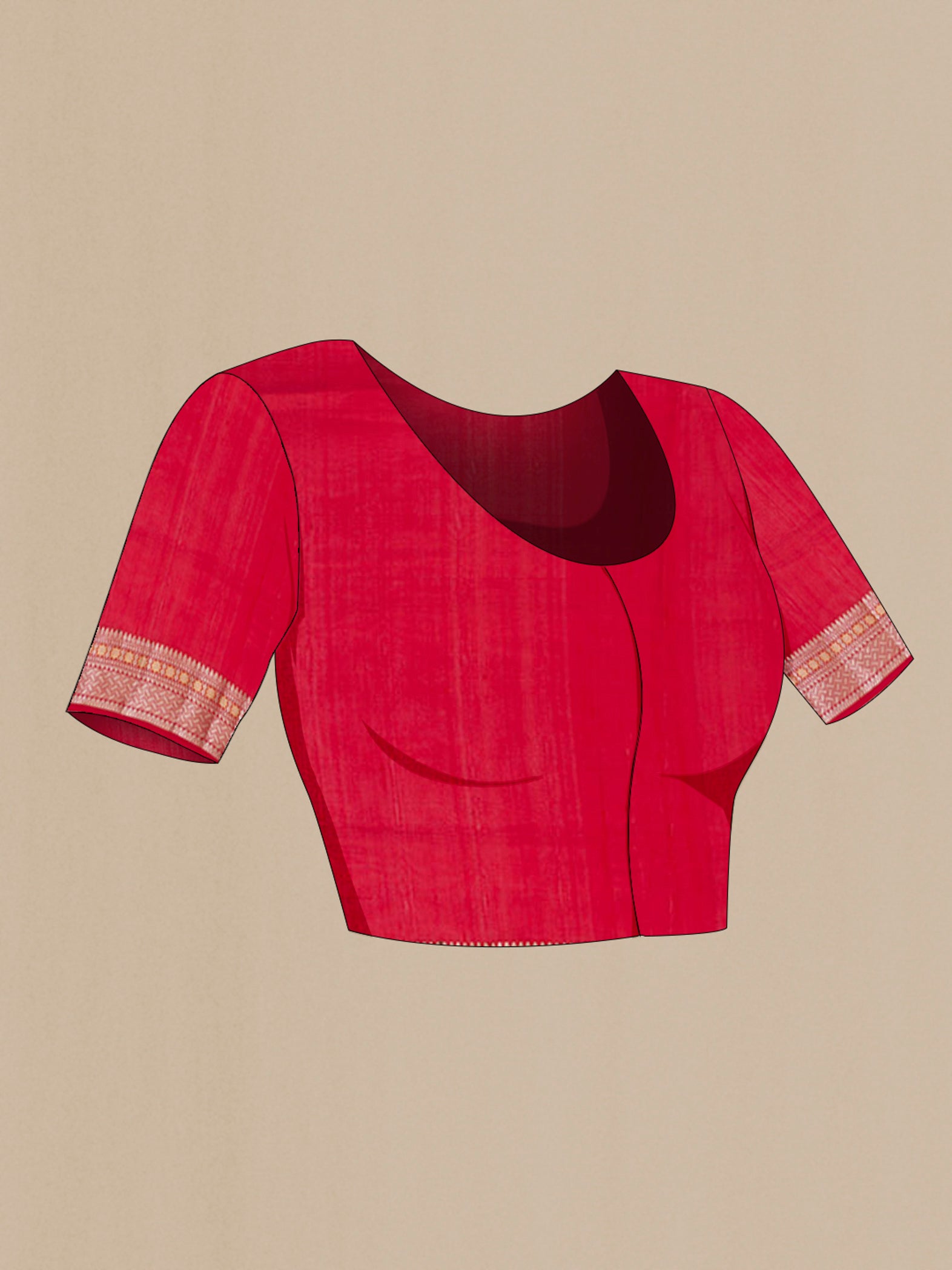 Close up image of the blouse of Red Raw Silk Saree with Zari Butta on the body and Zari Border. 