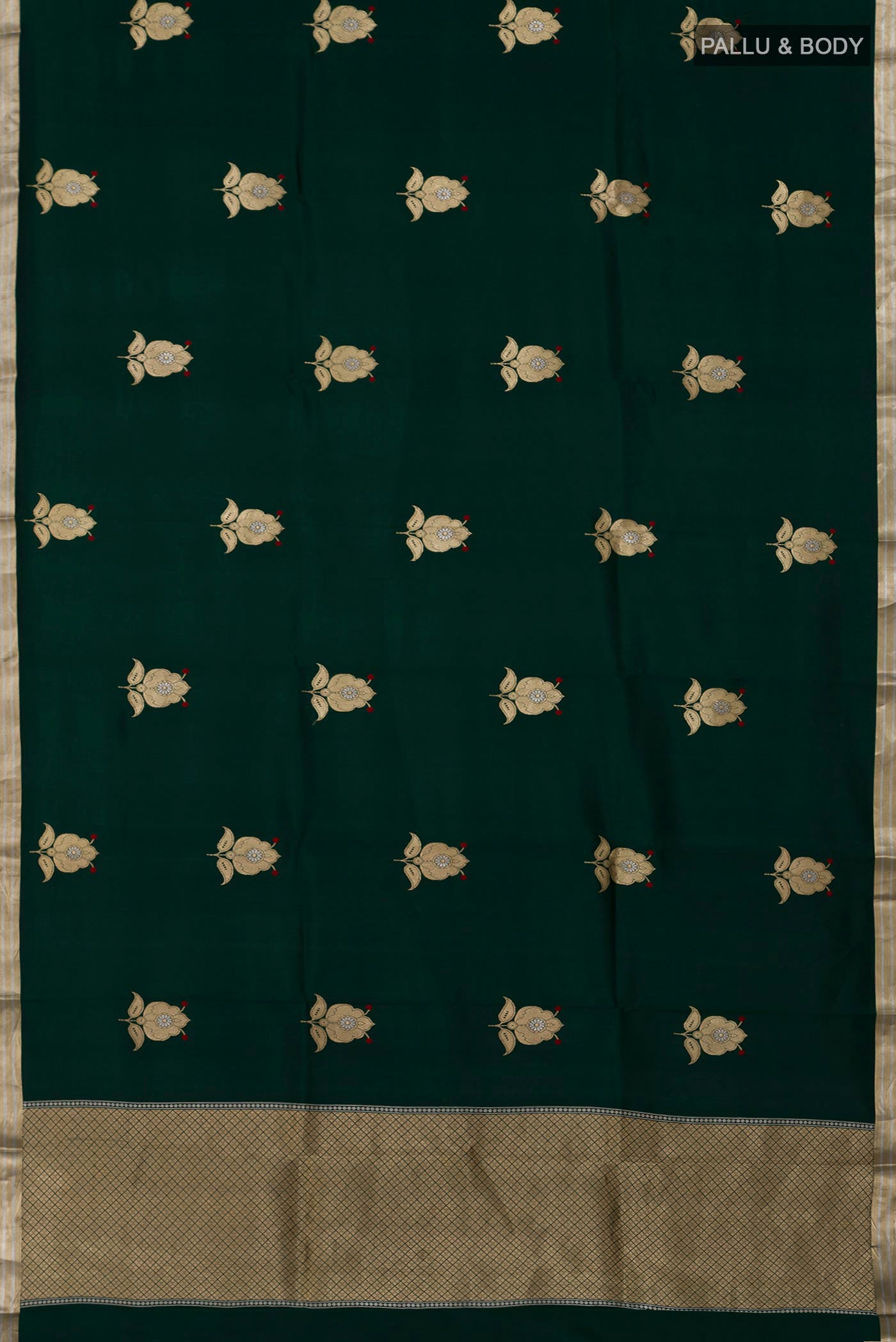 Flat view of Green Banarasi Katan Silk Saree with Zari Butta on the body and Zari Border. 
