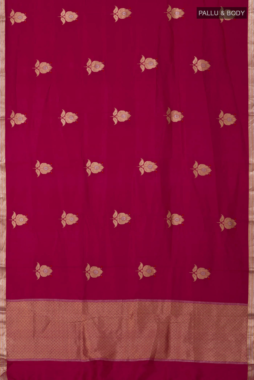 Flat view of Pink Banarasi Katan Silk Saree with Zari Butta on the body and Zari Border. 