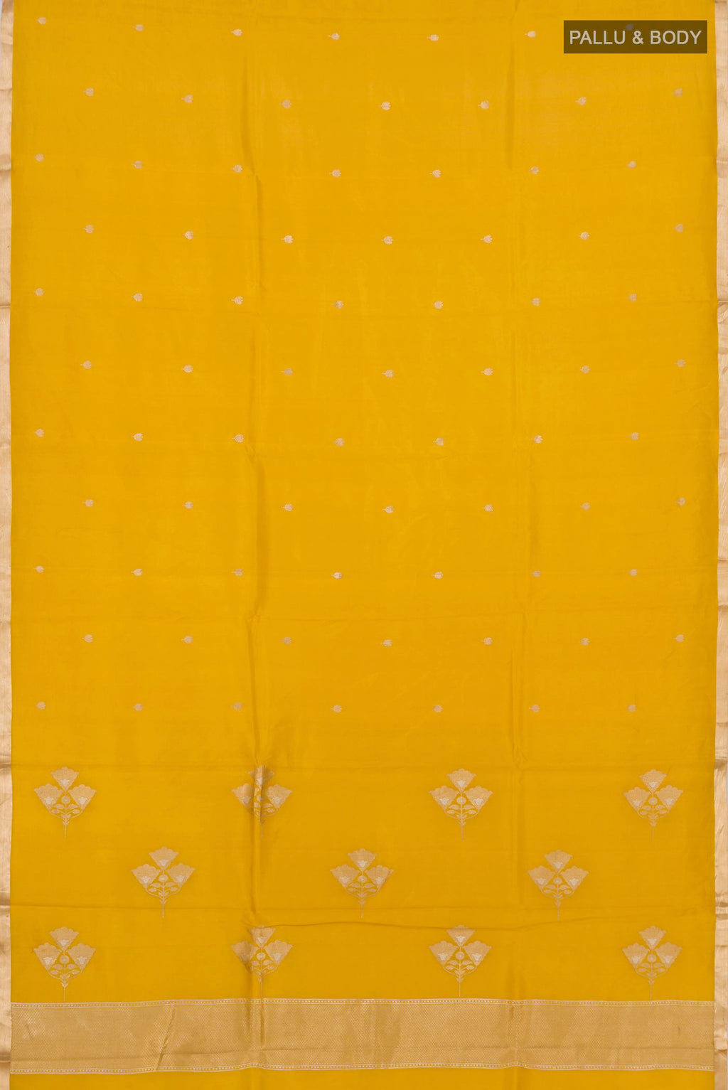 Flat view of Yellow Banarasi Katan Silk Saree with Zari Butta on the body and Zari Border. 