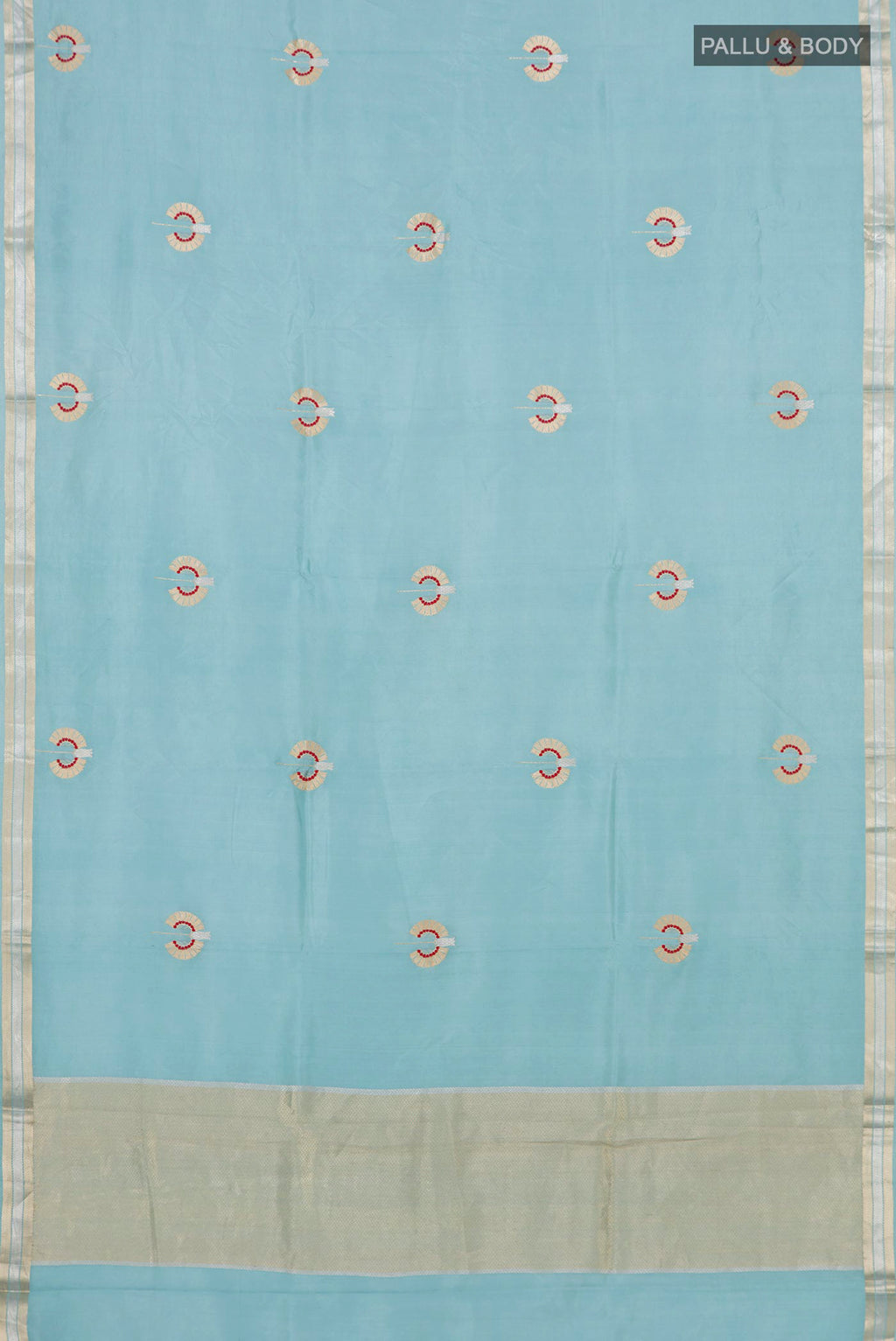Flat view of Sky Blue Banarasi Katan Silk Saree with Zari Butta on the body and Zari Border. 