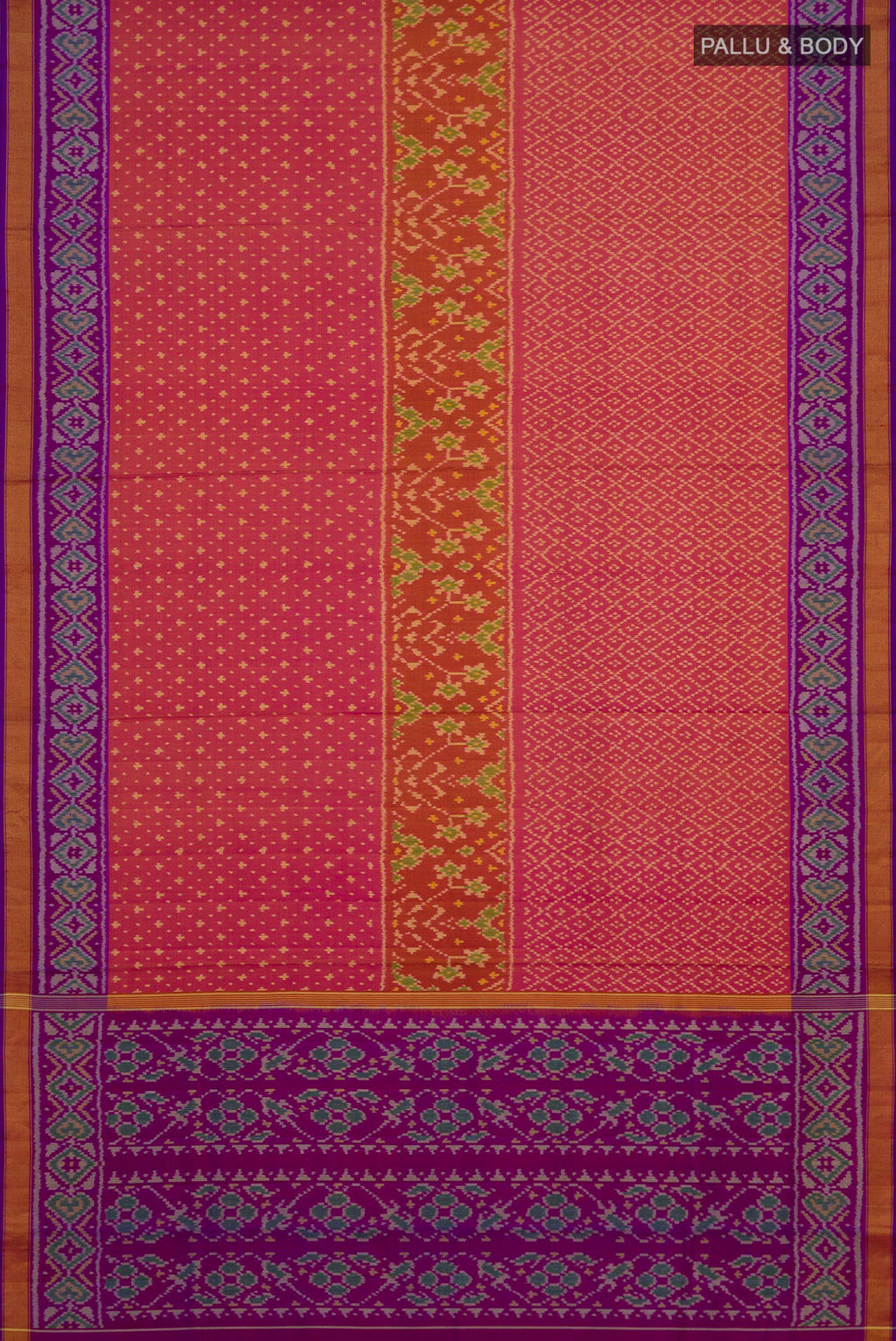 Flat view of Pinkish Yellow Rajkot Patola Silk Saree with Ikat design on the body and Ikat Border. 