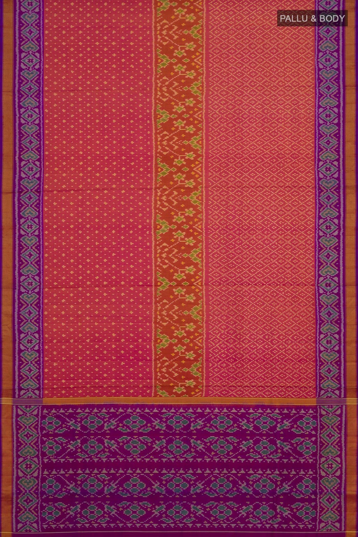 Flat view of Pinkish Yellow Rajkot Patola Silk Saree with Ikat design on the body and Ikat Border. 