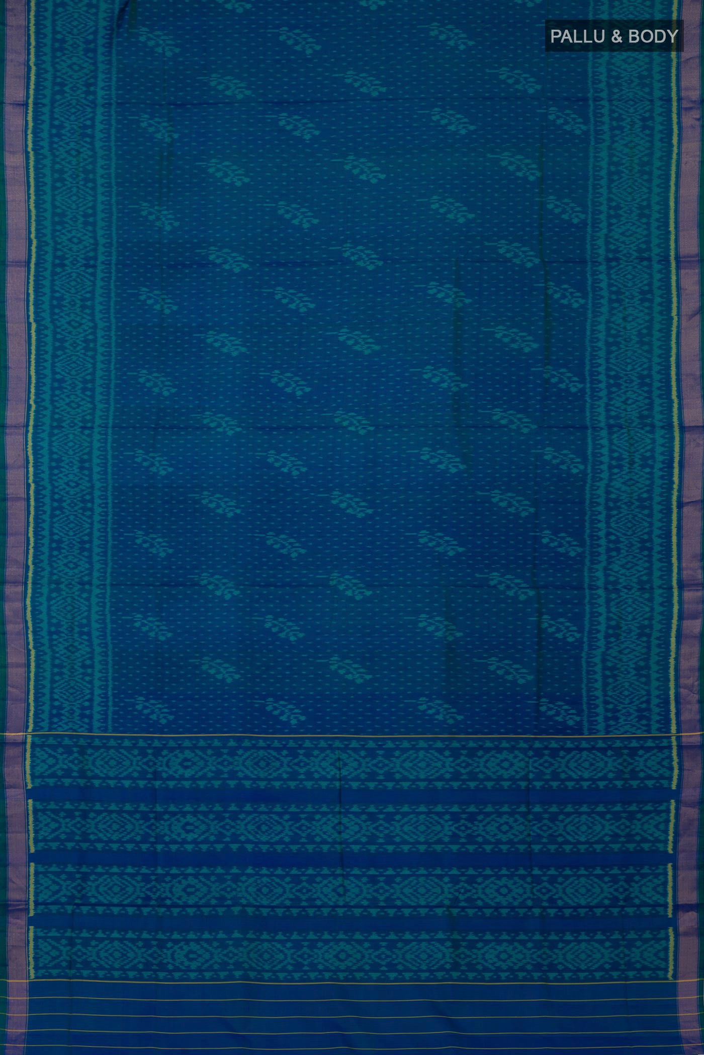 Flat view of Blue Rajkot Patola Silk Saree with Ikat Print on the body and Zari Border. 
