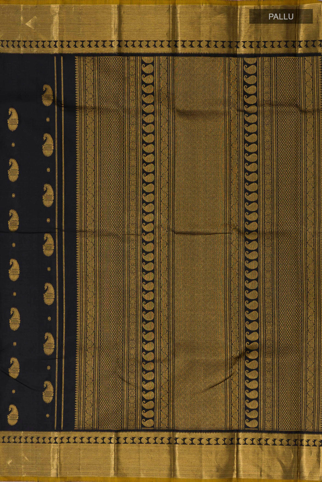 Close up image of the pallu of Pure Silk Black Kanjivaram Saree with Zari Butta on the body and Zari Border. 