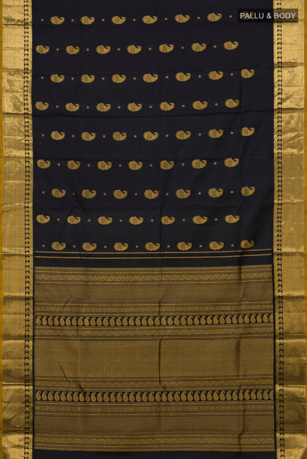 Flat view of Pure Silk Black Kanjivaram Saree with Zari Butta on the body and Zari Border. 
