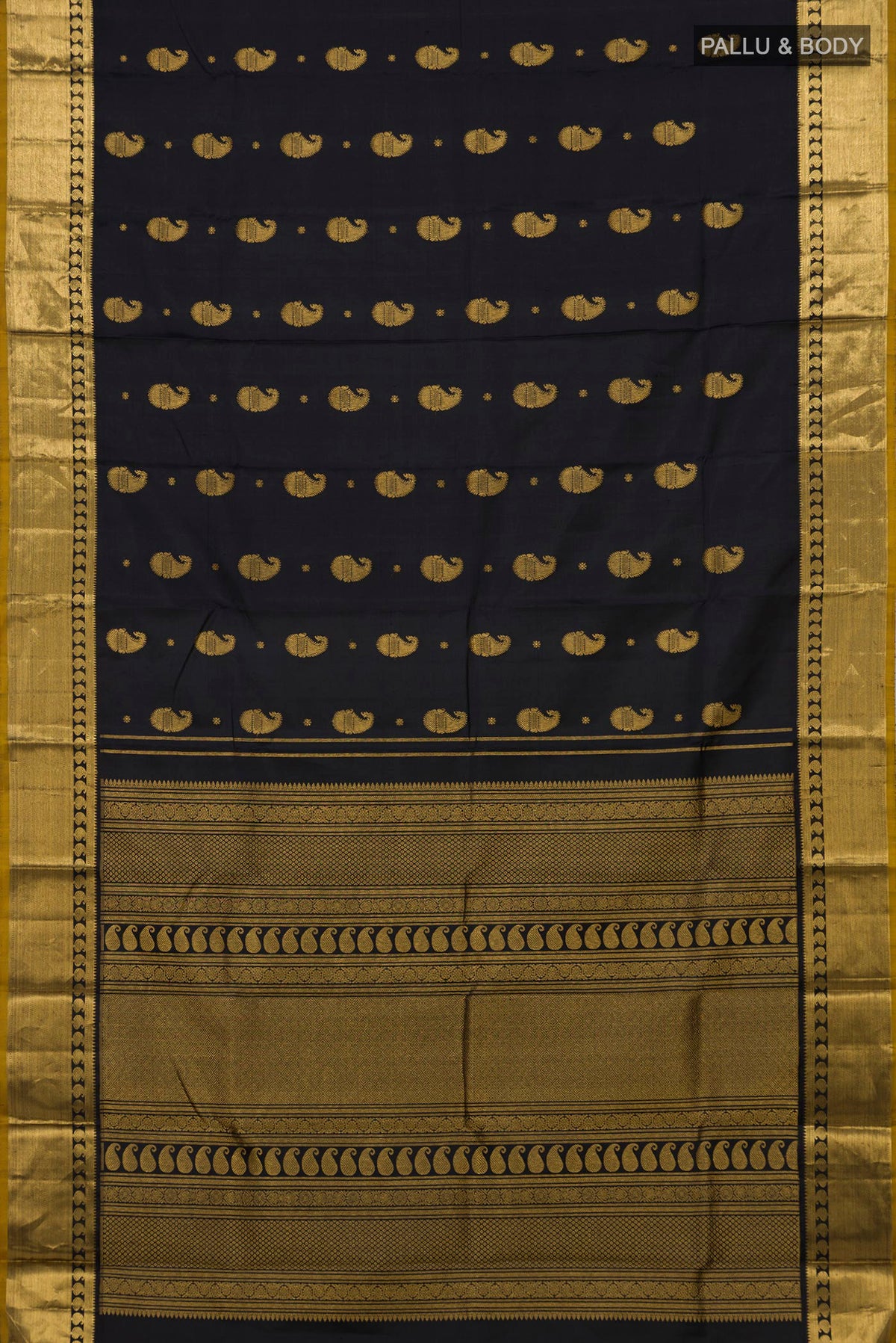 Flat view of Pure Silk Black Kanjivaram Saree with Zari Butta on the body and Zari Border. 