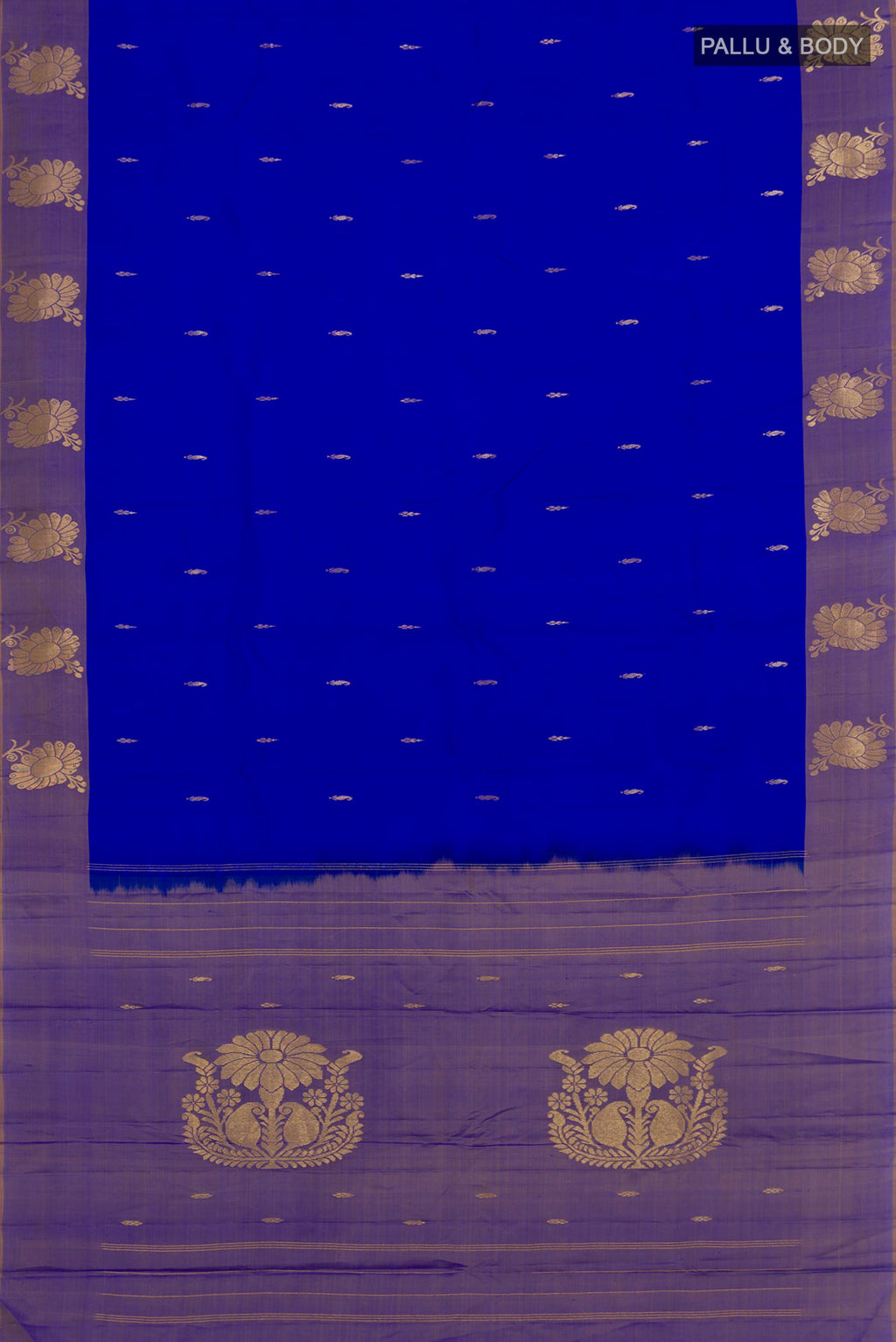 Flat view of Royal Blue Kanchipuram Silk Saree with Zari Butta on the body and Zari Border. 