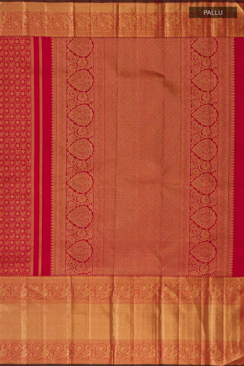 Close up image of the pallu of Pure Silk Pure Zari Red Kanjivaram Saree with Zari Brocade on the body and Zari Border. 
