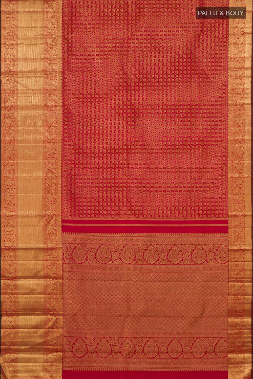 Flat view of Pure Silk Pure Zari Red Kanjivaram Saree with Zari Brocade on the body and Zari Border. 