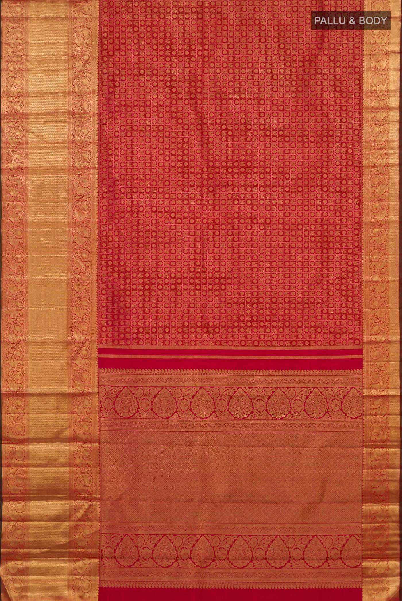 Flat view of Pure Silk Pure Zari Red Kanjivaram Saree with Zari Brocade on the body and Zari Border. 