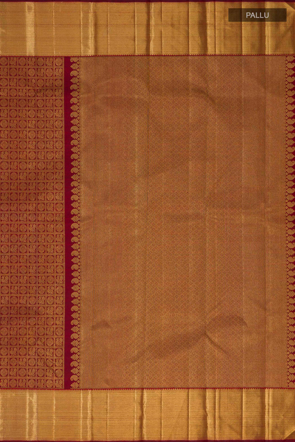 Close up image of the pallu of Pure Silk Pure Zari Maroon Kanjivaram Saree with Zari Brocade on the body and Zari Border. 