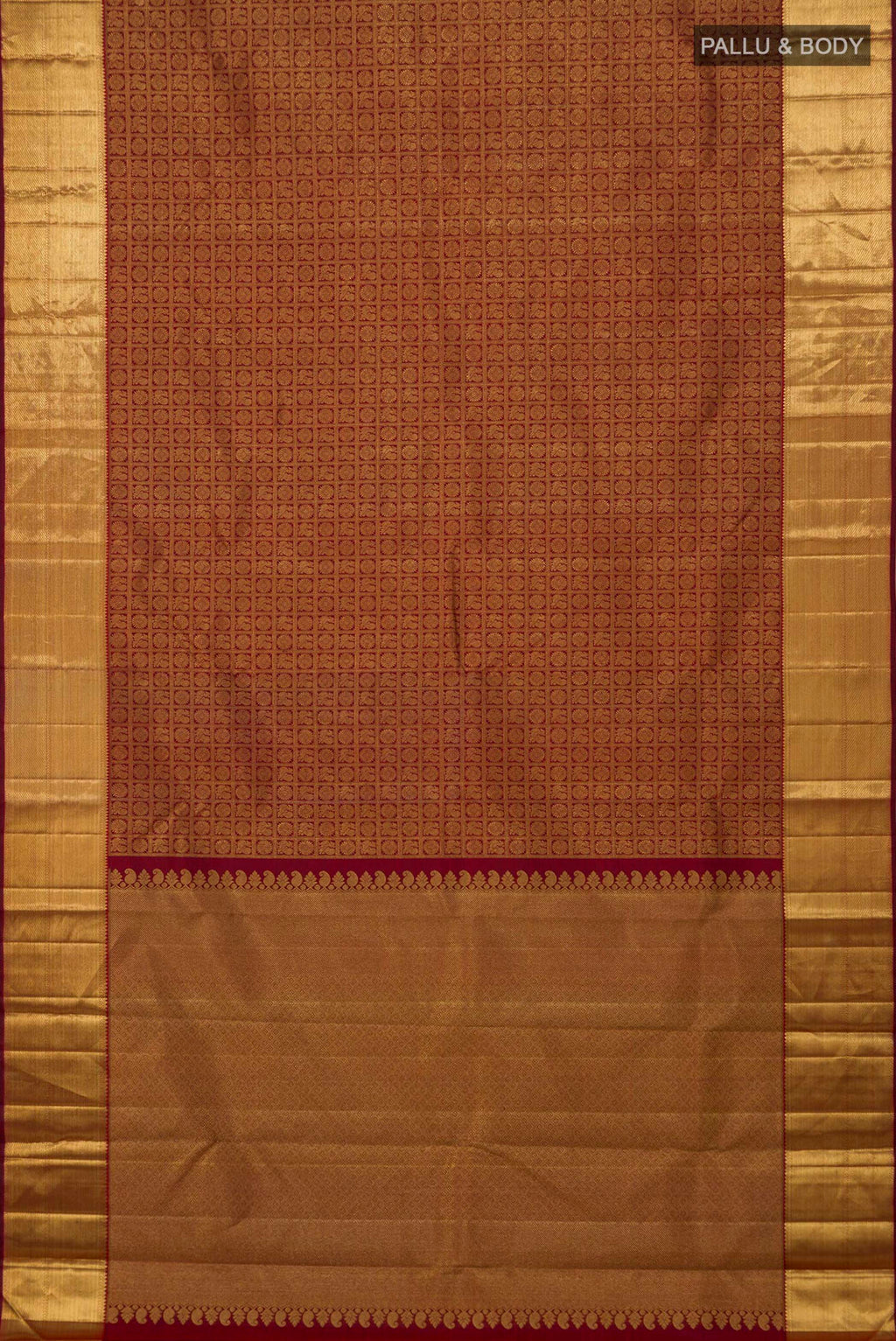 Flat view of Pure Silk Pure Zari Maroon Kanjivaram Saree with Zari Brocade on the body and Zari Border. 