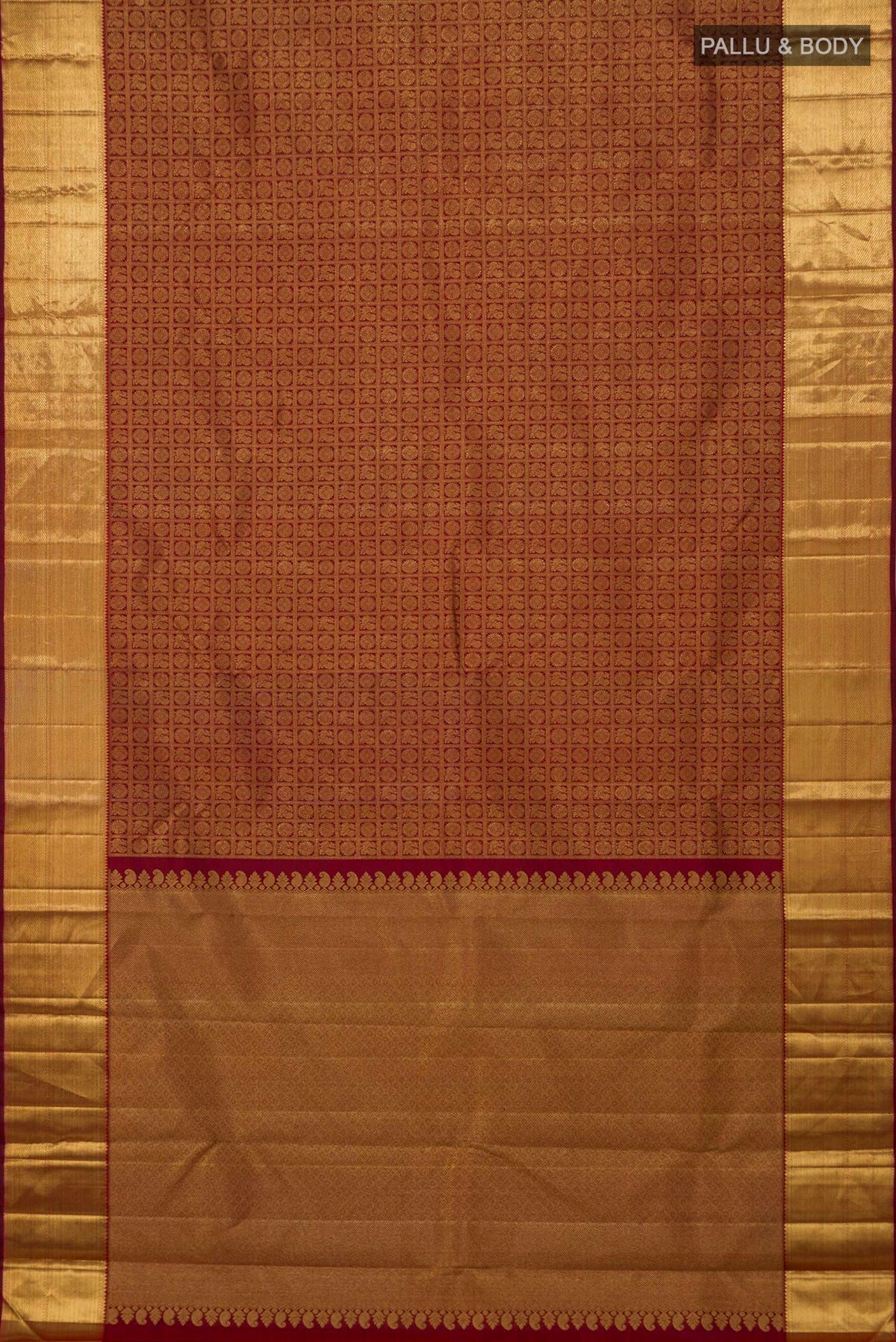 Flat view of Pure Silk Pure Zari Maroon Kanjivaram Saree with Zari Brocade on the body and Zari Border. 