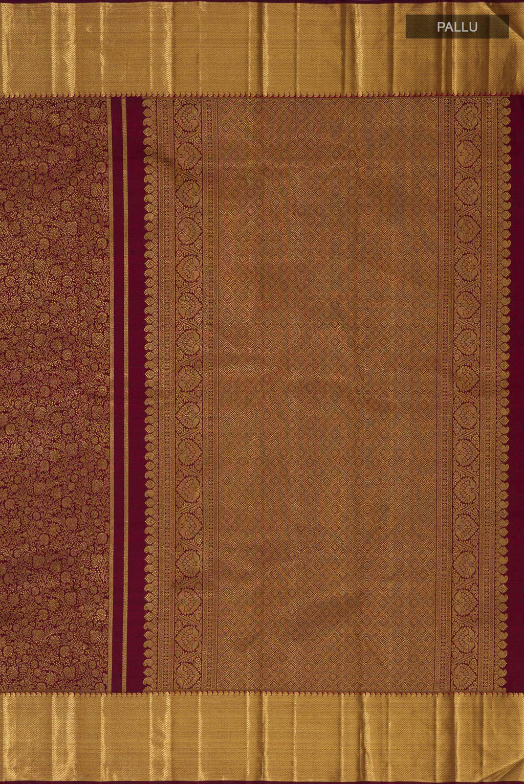 Close up image of the pallu of Pure Silk Pure Zari Coffee Brown Kanjivaram Saree with Zari Brocade on the body and Zari Border. 