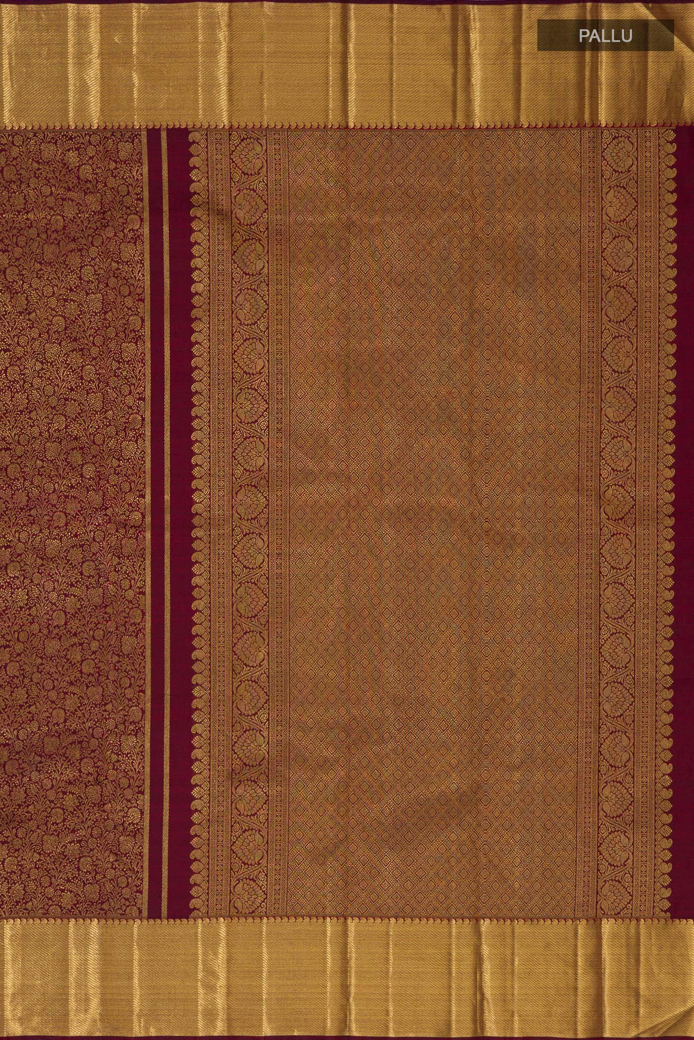 Close up image of the pallu of Pure Silk Pure Zari Coffee Brown Kanjivaram Saree with Zari Brocade on the body and Zari Border. 