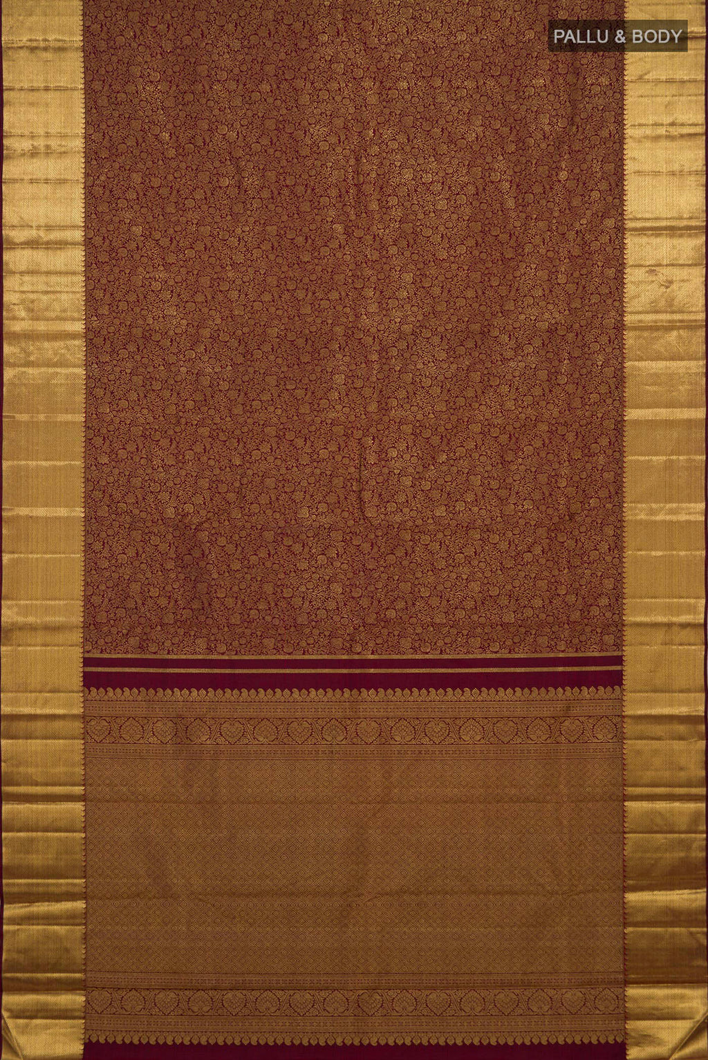Flat view of Pure Silk Pure Zari Coffee Brown Kanjivaram Saree with Zari Brocade on the body and Zari Border. 