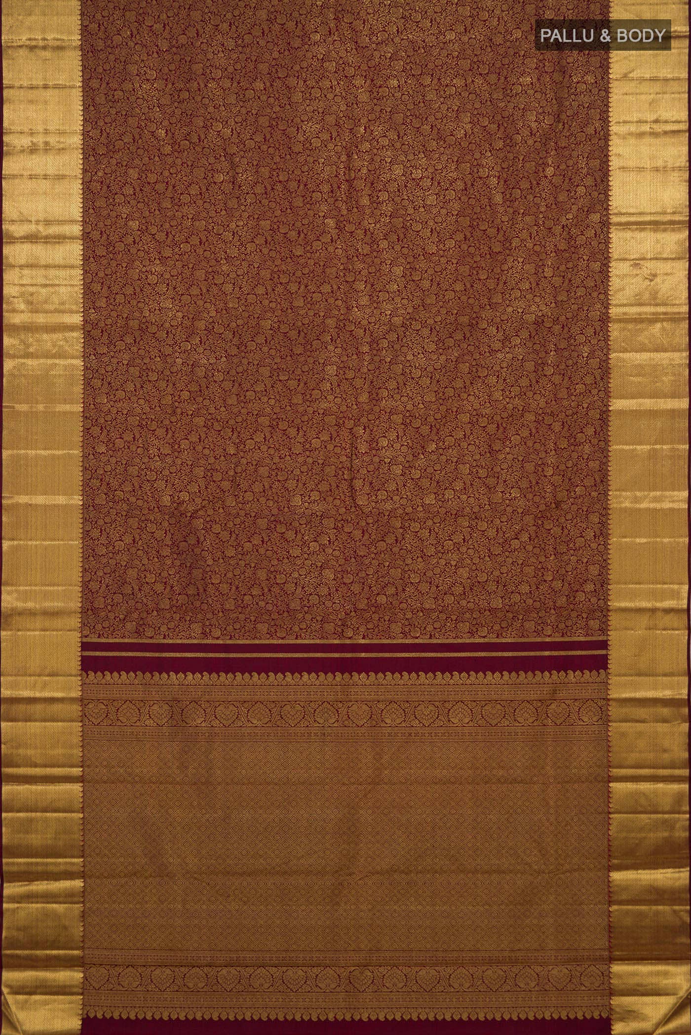 Flat view of Pure Silk Pure Zari Coffee Brown Kanjivaram Saree with Zari Brocade on the body and Zari Border. 