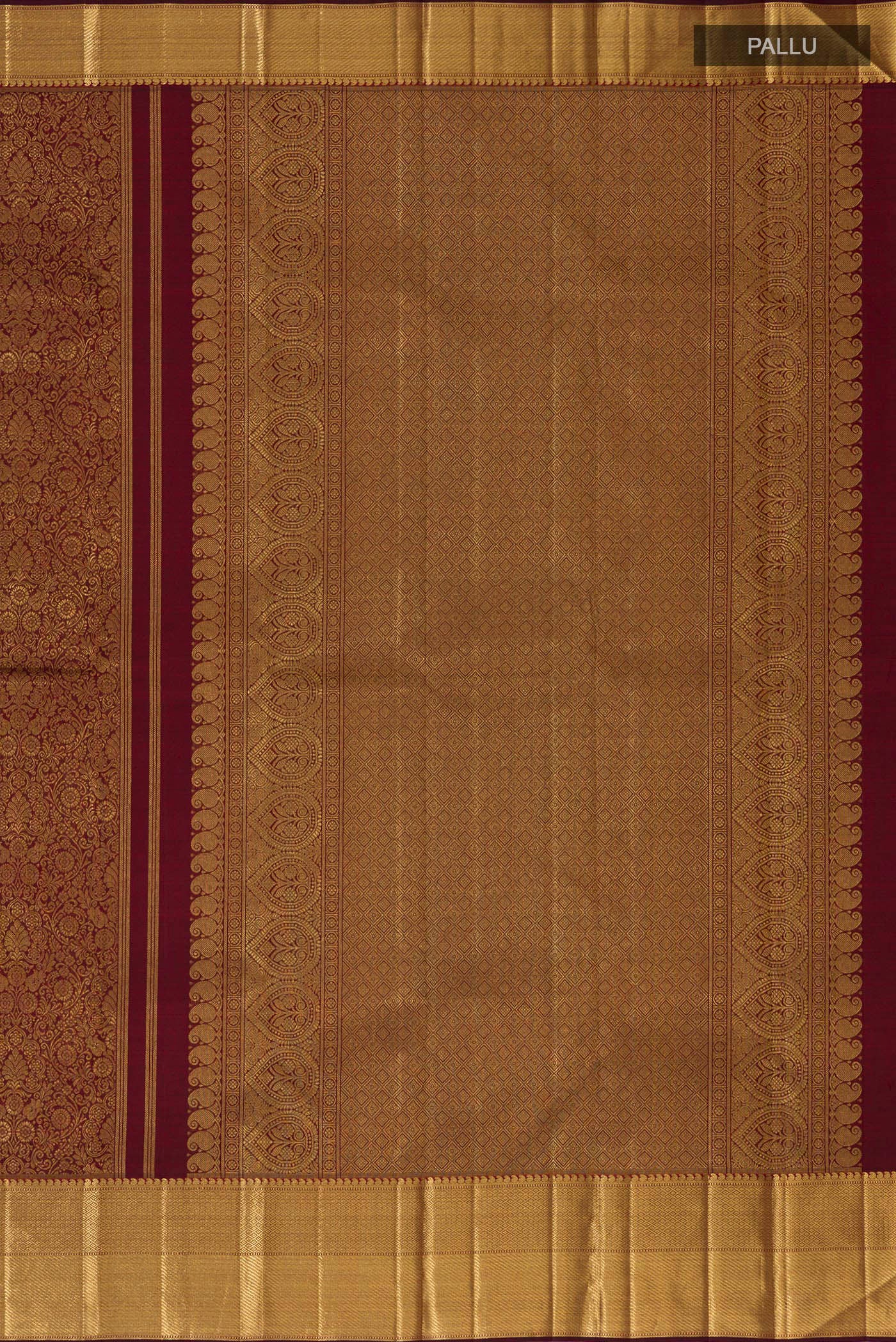 Close up image of the pallu of Pure Silk Pure Zari Maroon Kanjivaram Saree with Zari Brocade on the body and Zari Border. 