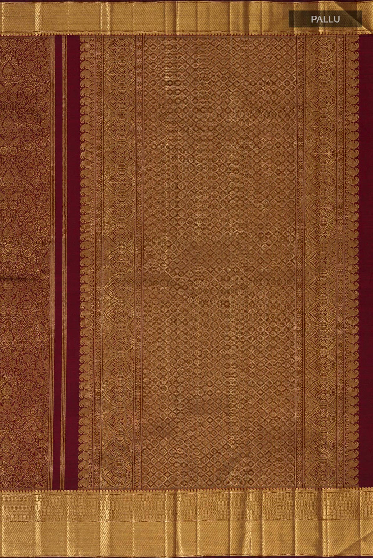 Close up image of the pallu of Pure Silk Pure Zari Maroon Kanjivaram Saree with Zari Brocade on the body and Zari Border. 