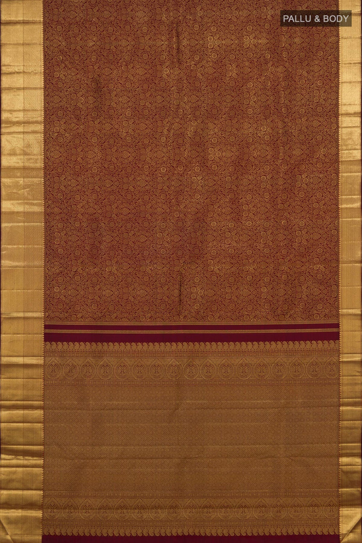 Flat view of Pure Silk Pure Zari Maroon Kanjivaram Saree with Zari Brocade on the body and Zari Border. 