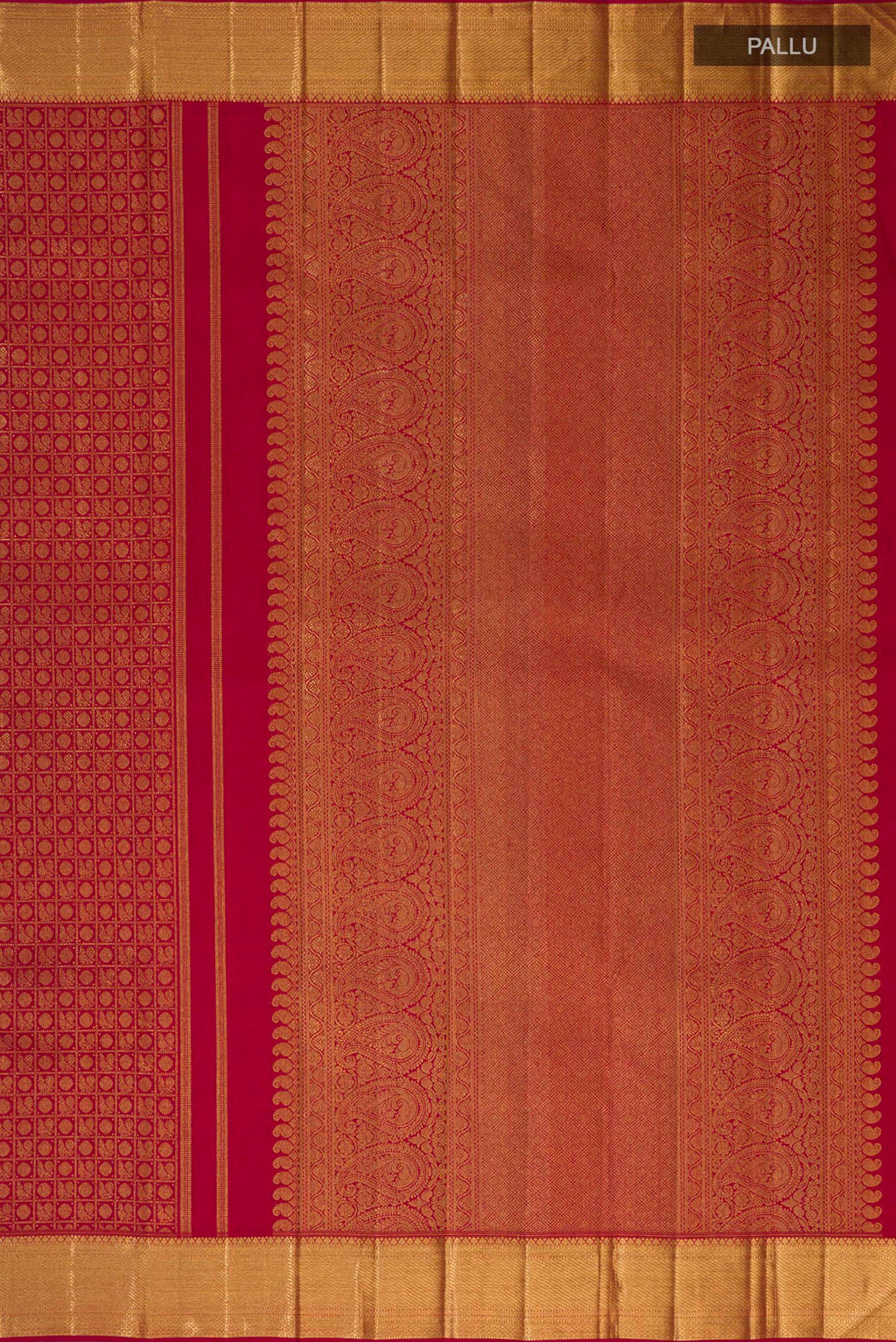 Close up image of the pallu of Maroon Kanchipuram Silk Saree with Zari Brocade on the body and Zari Border. 