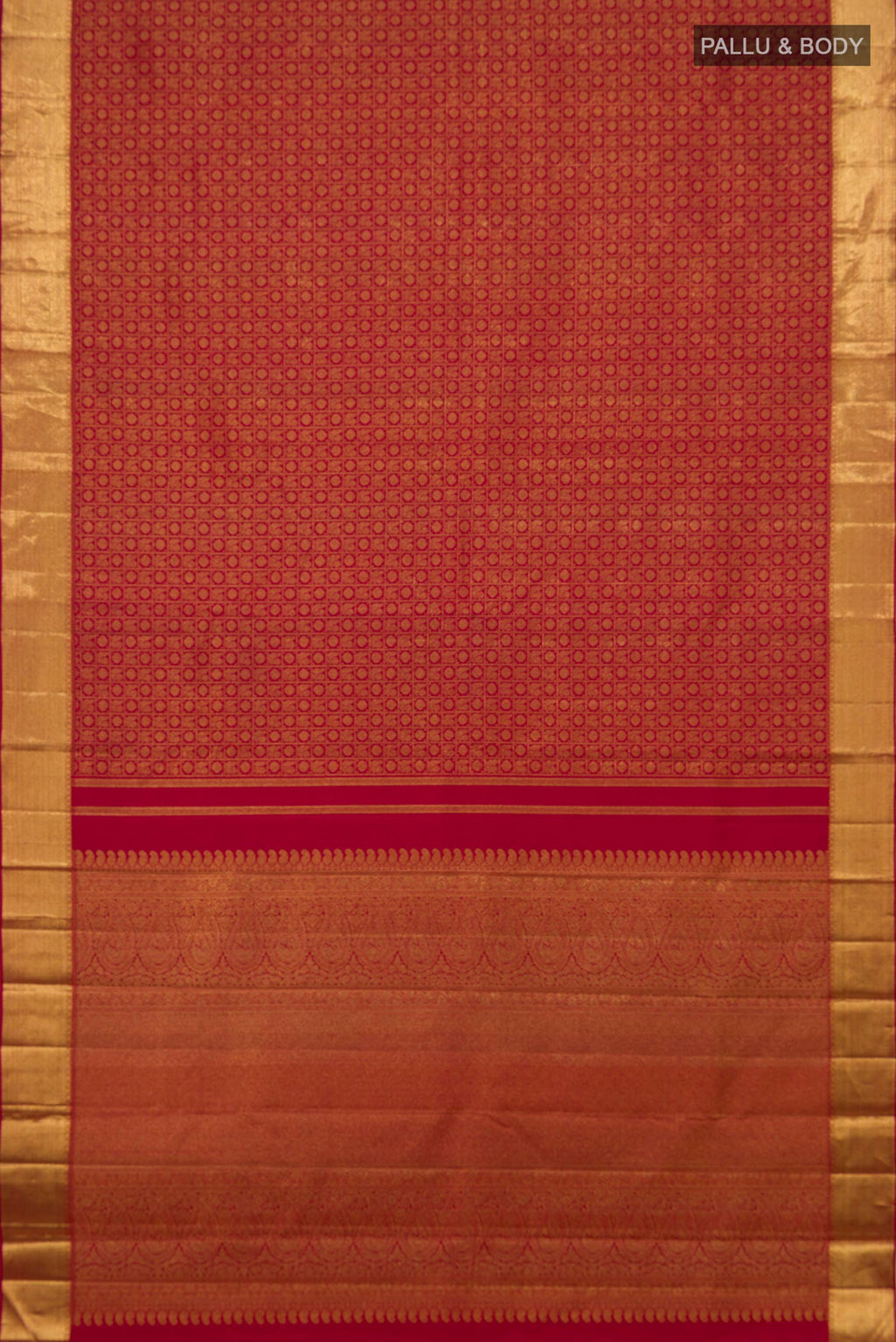 Flat view of Maroon Kanchipuram Silk Saree with Zari Brocade on the body and Zari Border. 