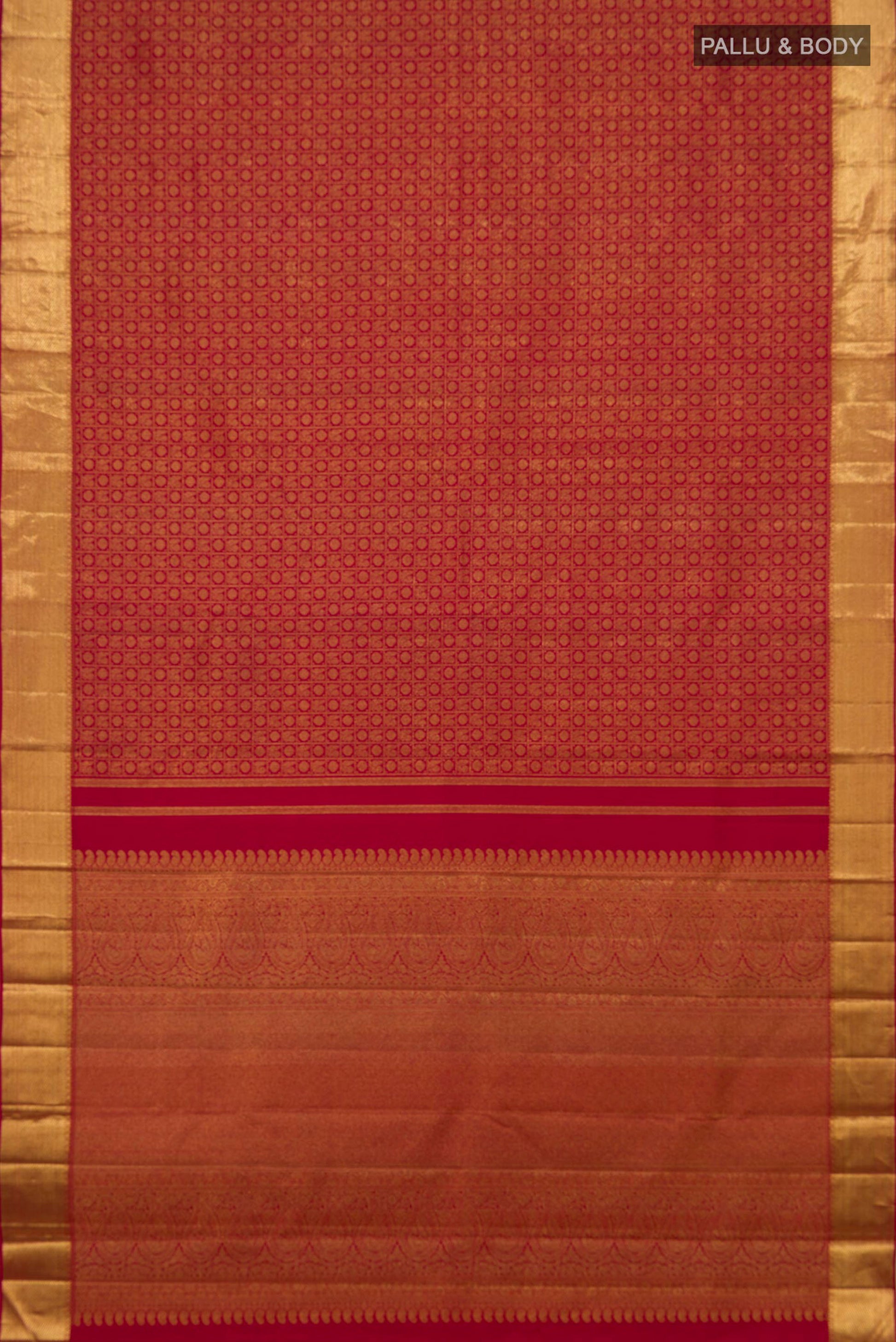 Flat view of Maroon Kanchipuram Silk Saree with Zari Brocade on the body and Zari Border. 