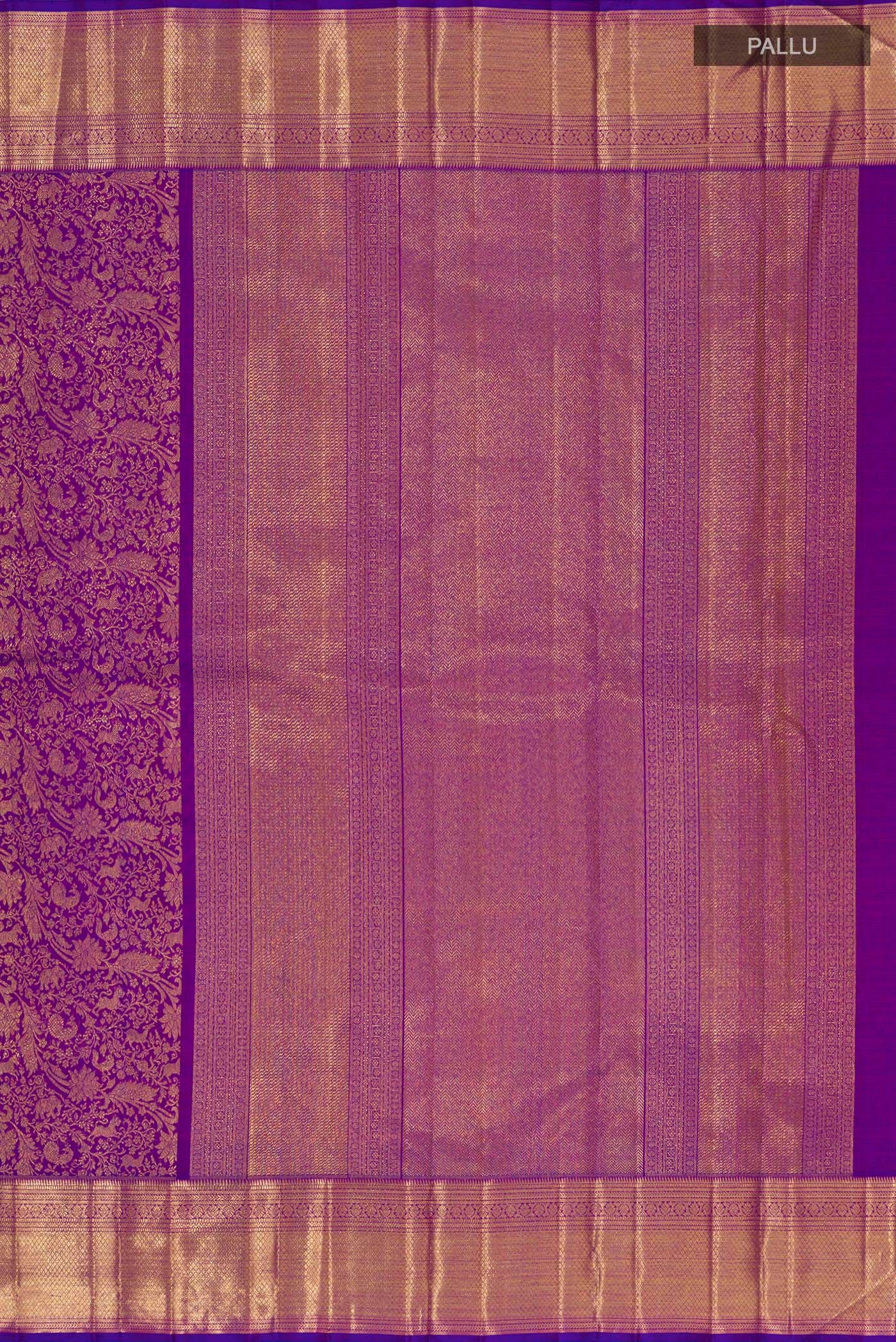 Close up image of the pallu of Pure Silk Pure Zari Purple Kanchipuram Saree with Zari Brocade on the body and Zari Border. 