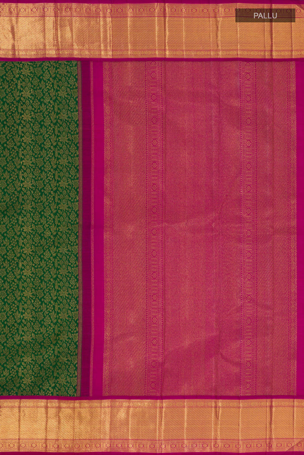 Close up image of the pallu of Pure Silk Pure Zari Green Kanjivaram Saree with Zari Brocade on the body and Zari Border. 