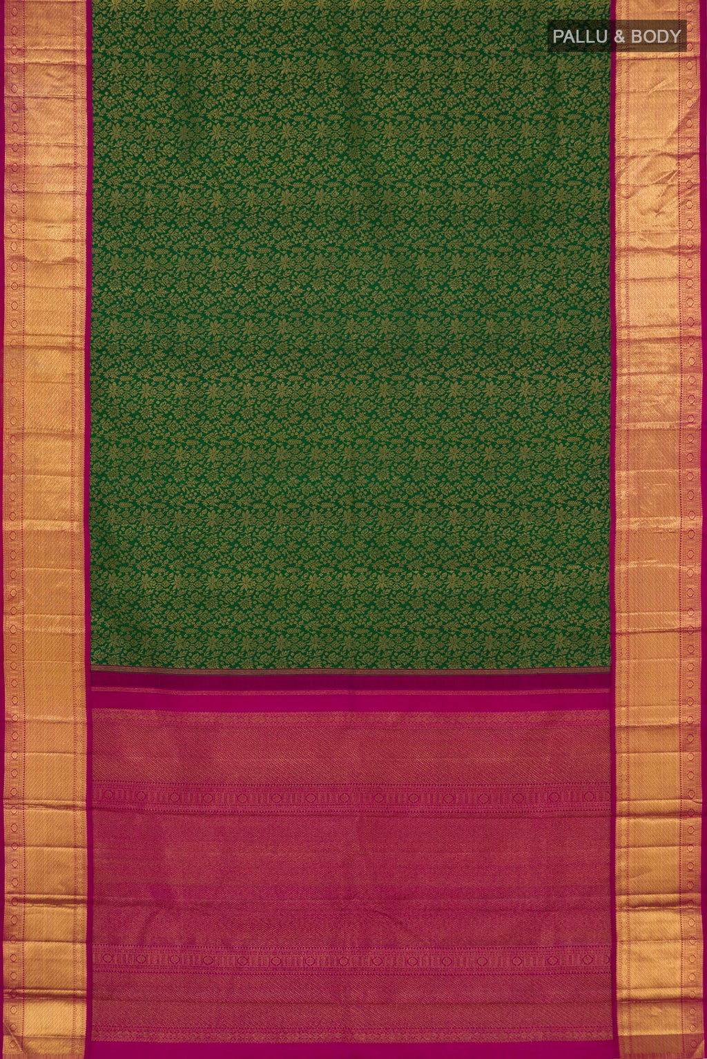 Flat view of Pure Silk Pure Zari Green Kanjivaram Saree with Zari Brocade on the body and Zari Border. 