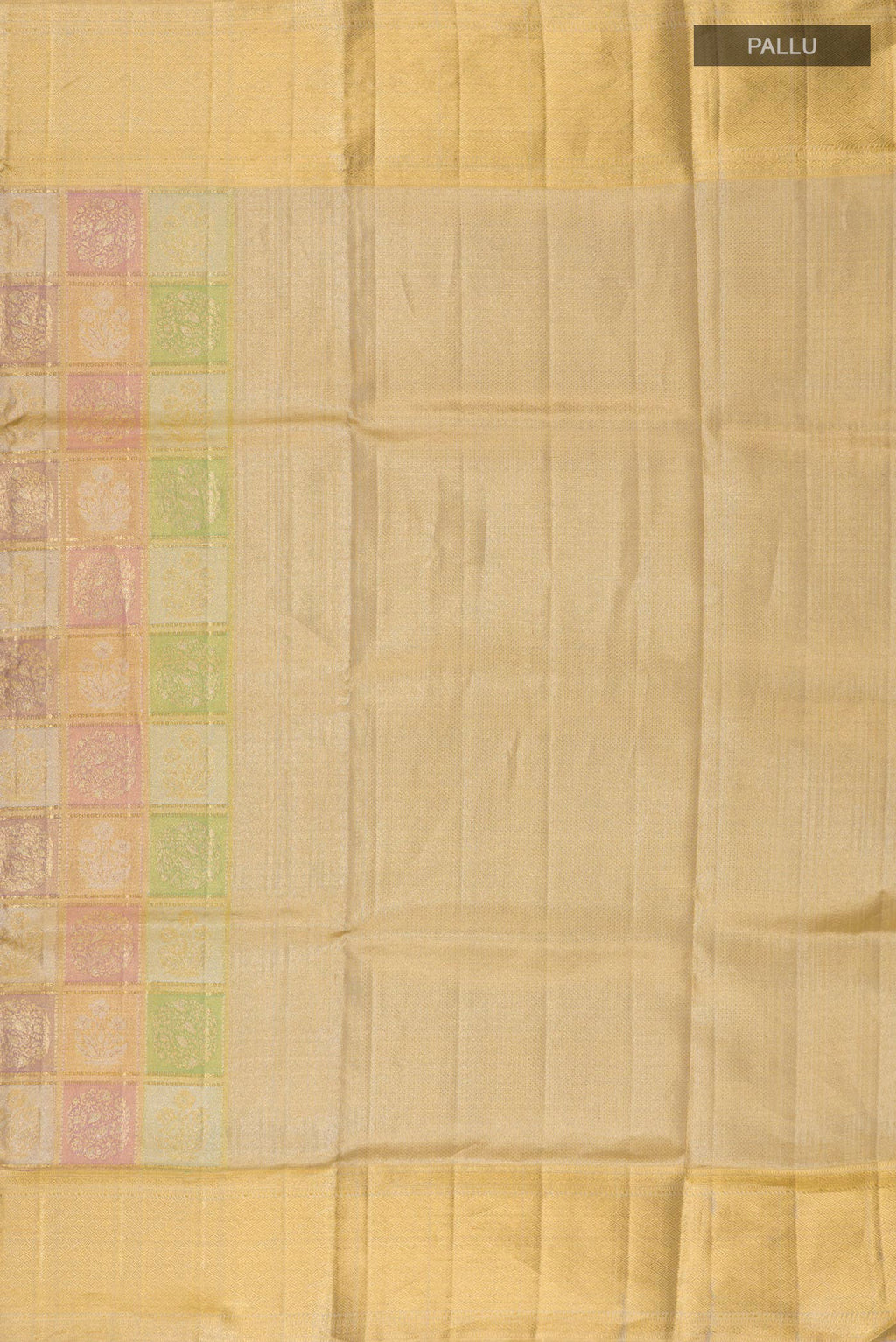 Close up image of the pallu of Pure Silk Gold Dual Tone Kanjivaram Tissue Saree with Zari Brocade on the body and Zari Border. 